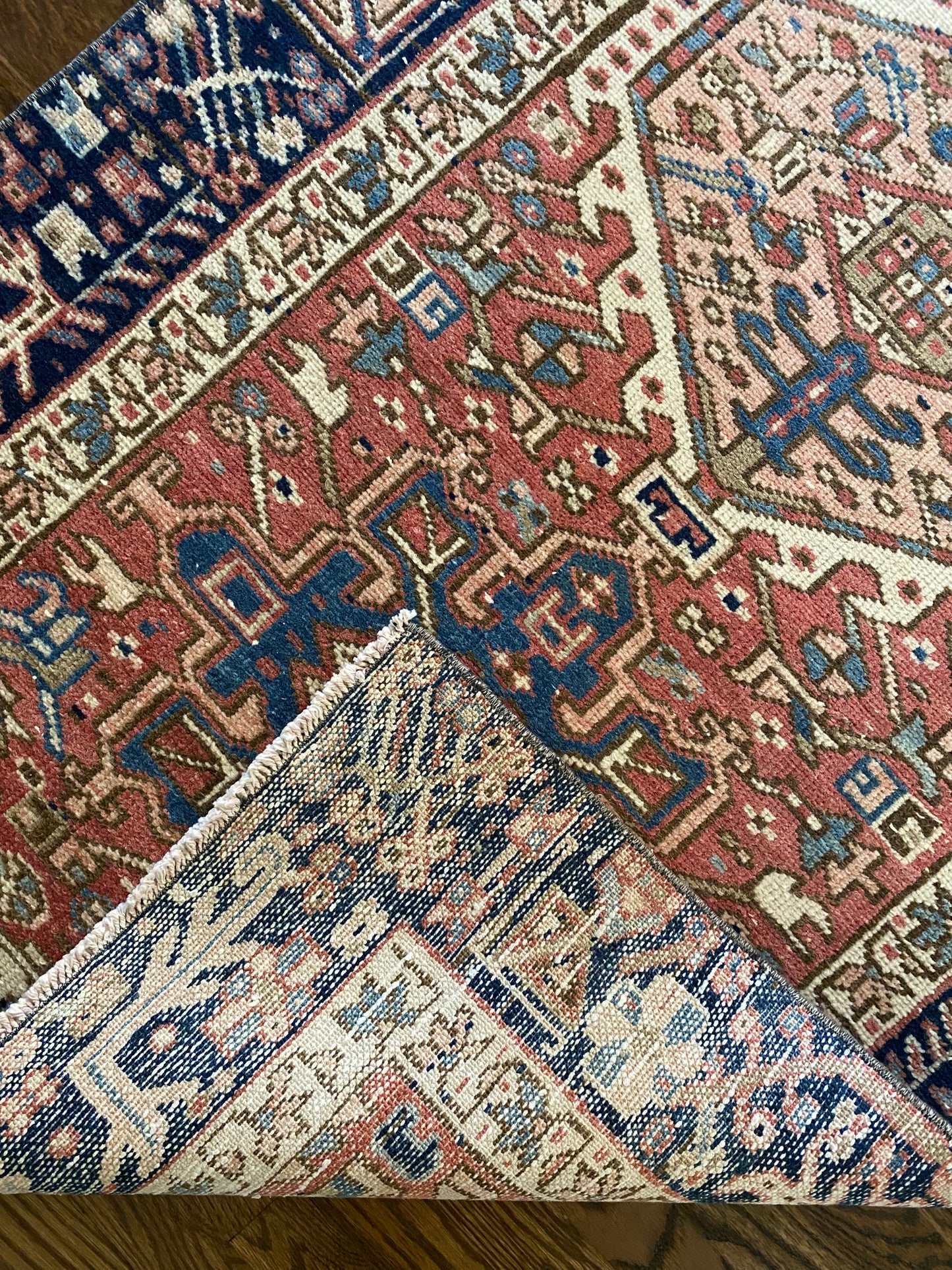 Hand knotted wool runner backing and pile detail