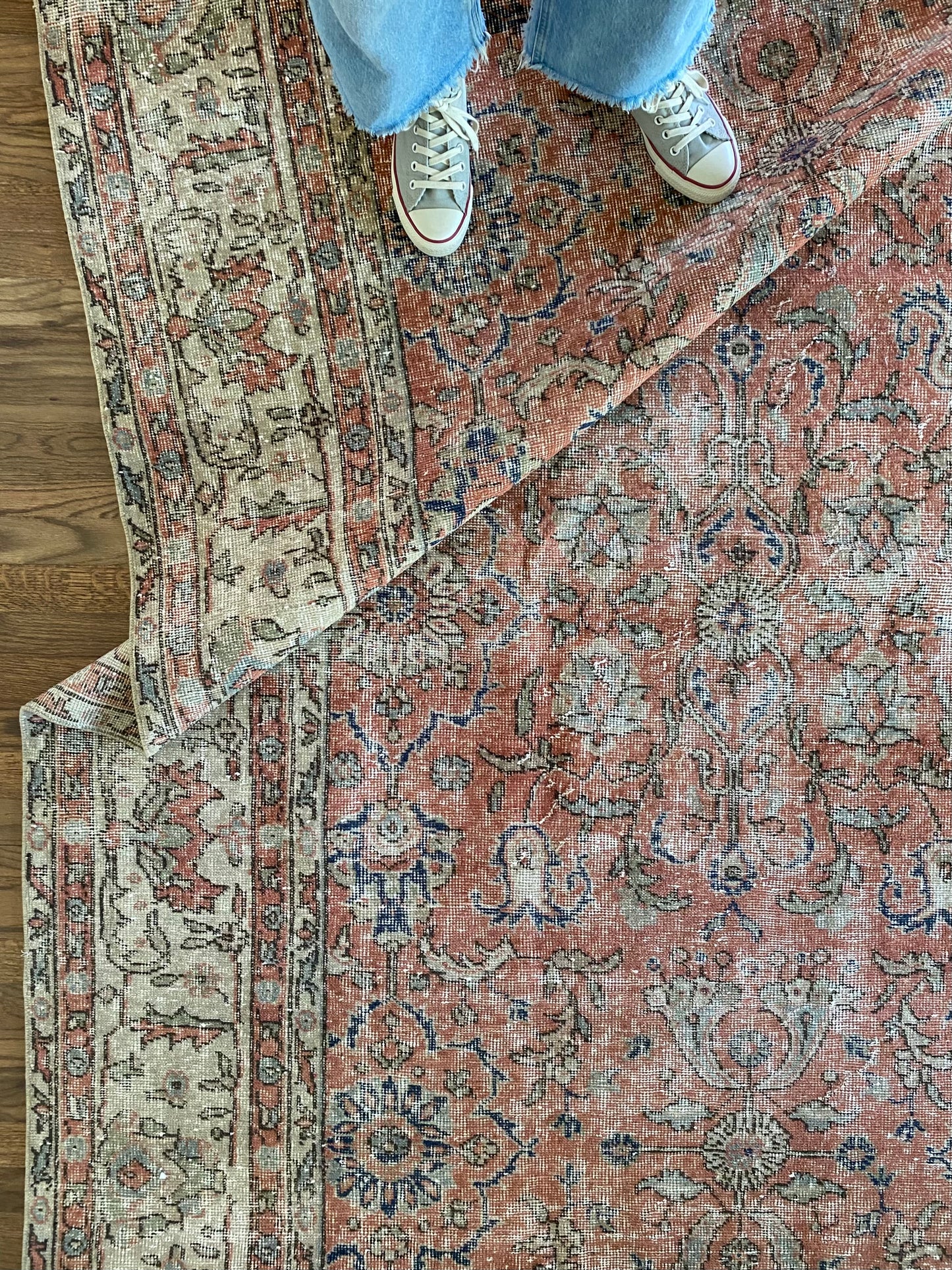 Vintage Turkish Wool Area Rug 8’5”x12’ – Hand-Knotted Salmon Floral Rug | Olivia