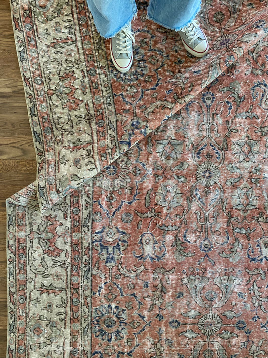 Vintage Turkish Wool Area Rug 8’5”x12’ – Hand-Knotted Salmon Floral Rug | Olivia
