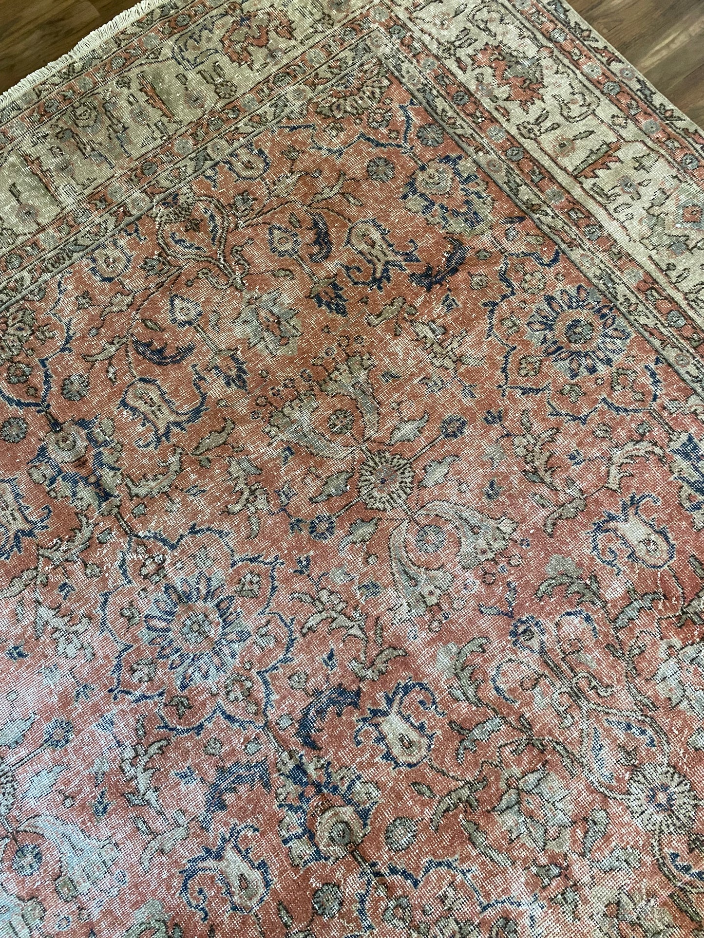 Vintage Turkish Wool Area Rug 8’5”x12’ – Hand-Knotted Salmon Floral Rug | Olivia