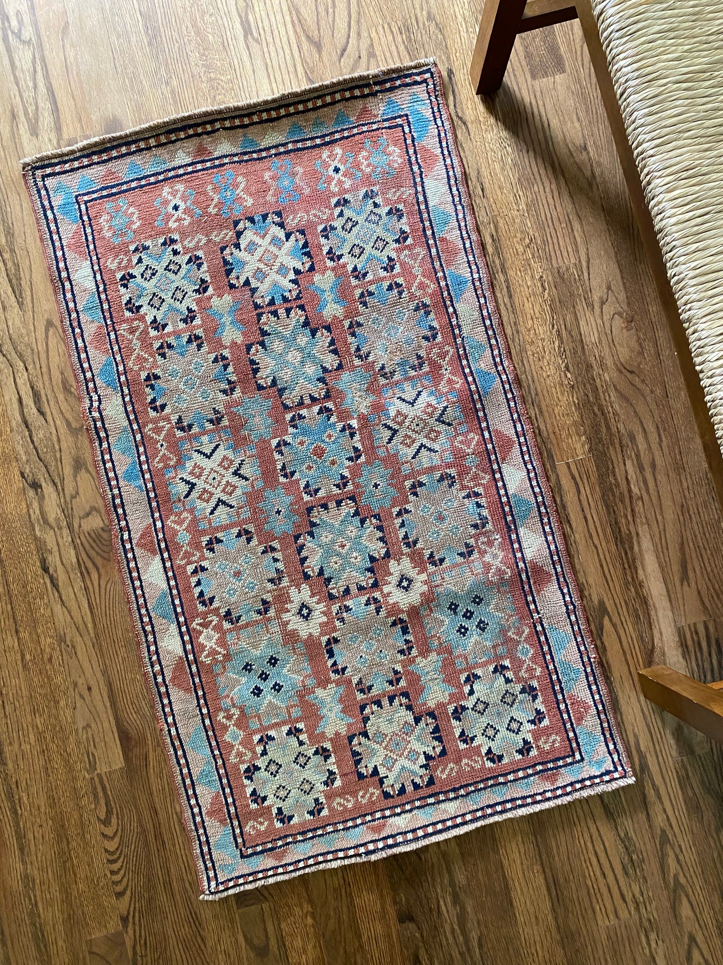 Antique Kazakh Wool Rug 2’2"x3’9" – Hand-Knotted Red Geometric Scatter Rug | Camille
