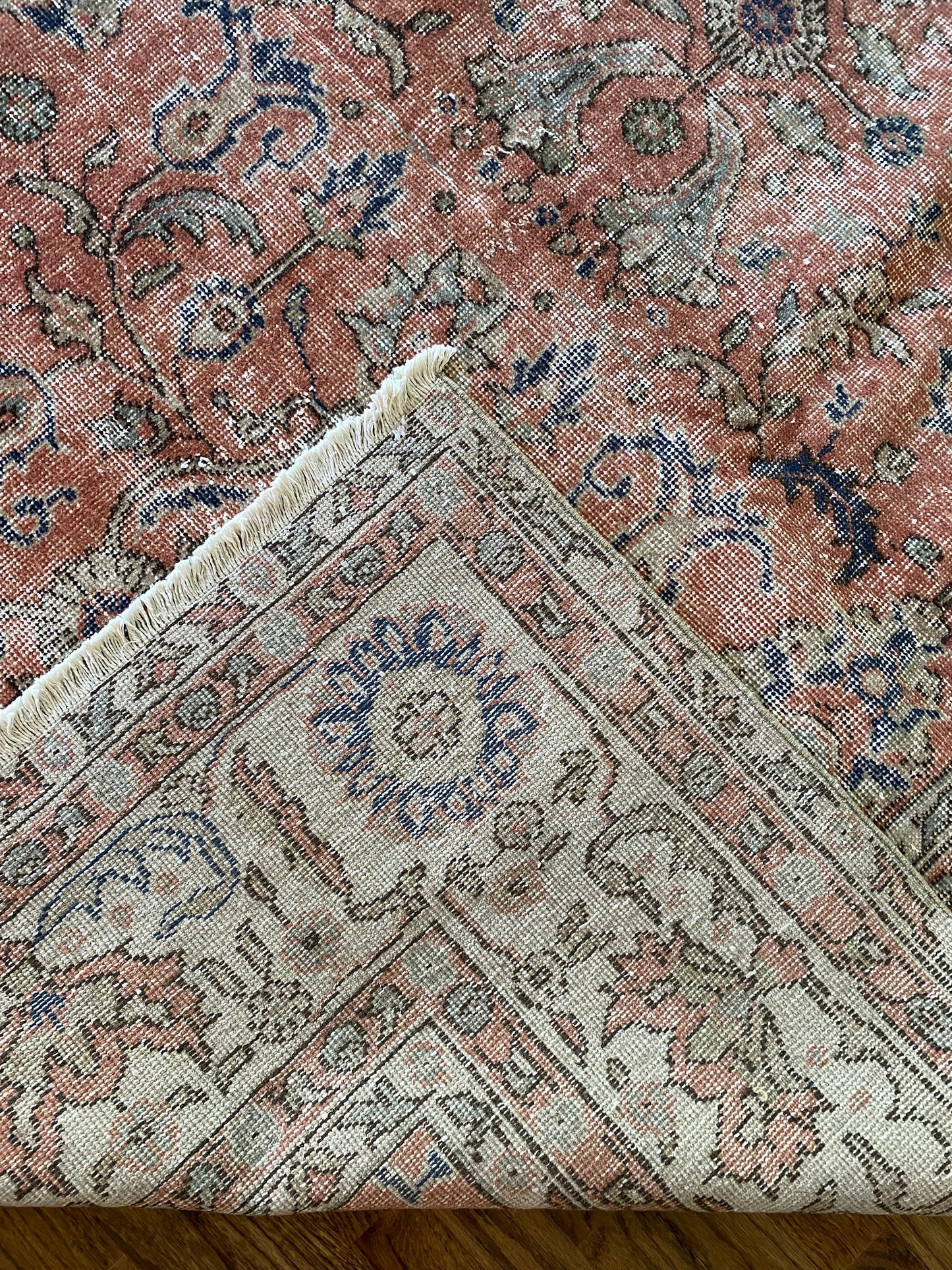 Vintage Turkish Wool Area Rug 8’5”x12’ – Hand-Knotted Salmon Floral Rug | Olivia