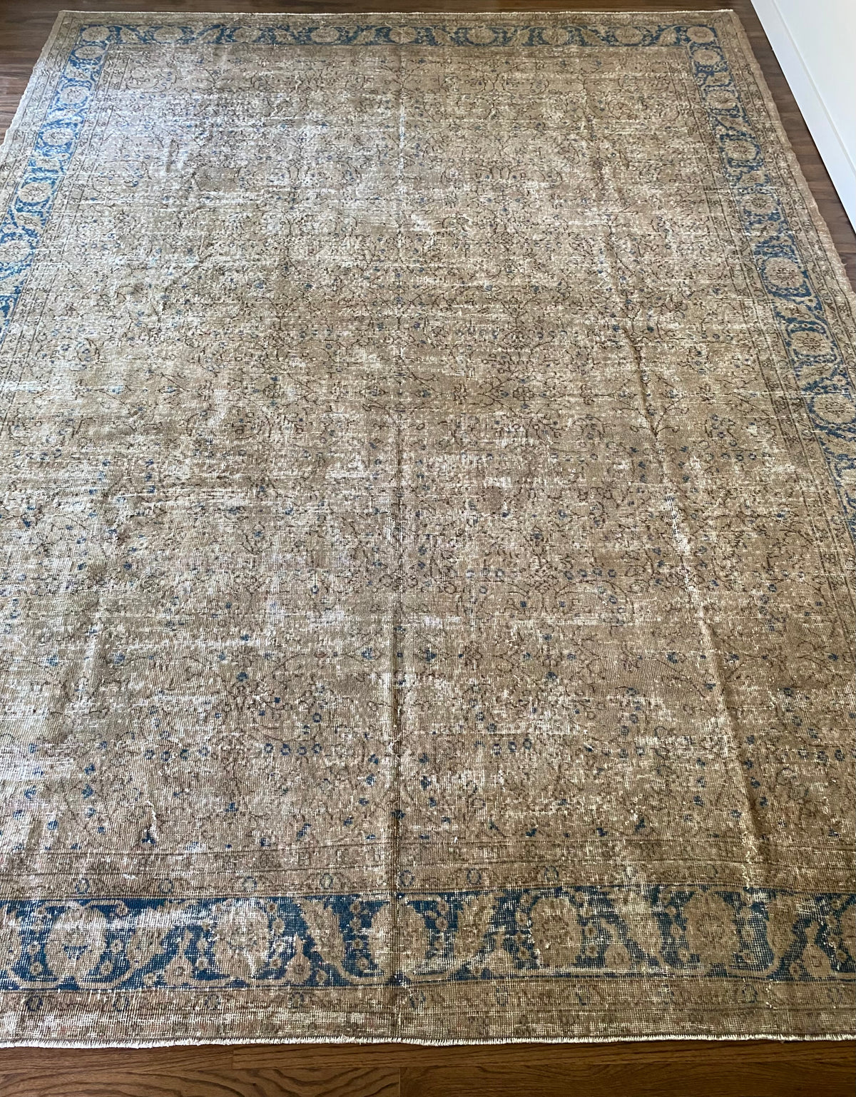 Vintage Turkish Wool Area Rug 9’7”x13’– Hand-Knotted Neutral and Blue Rug | Penny