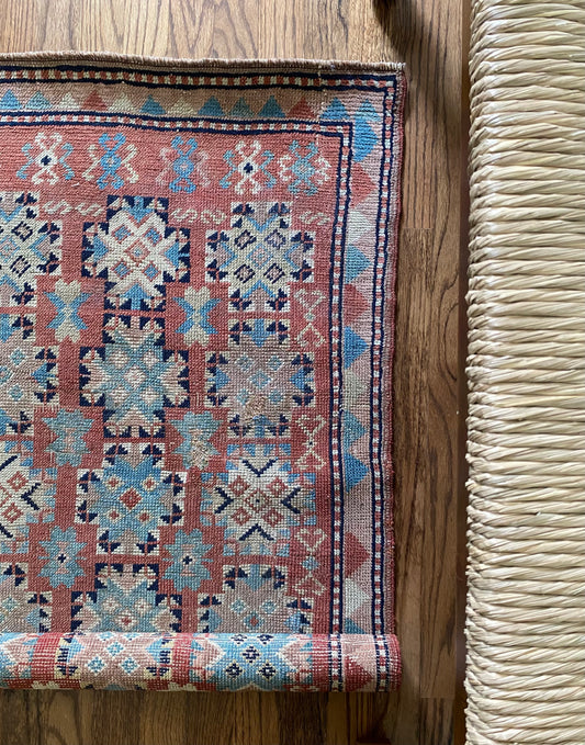 Antique Kazakh Wool Rug 2’2"x3’9" – Hand-Knotted Red Geometric Scatter Rug | Camille