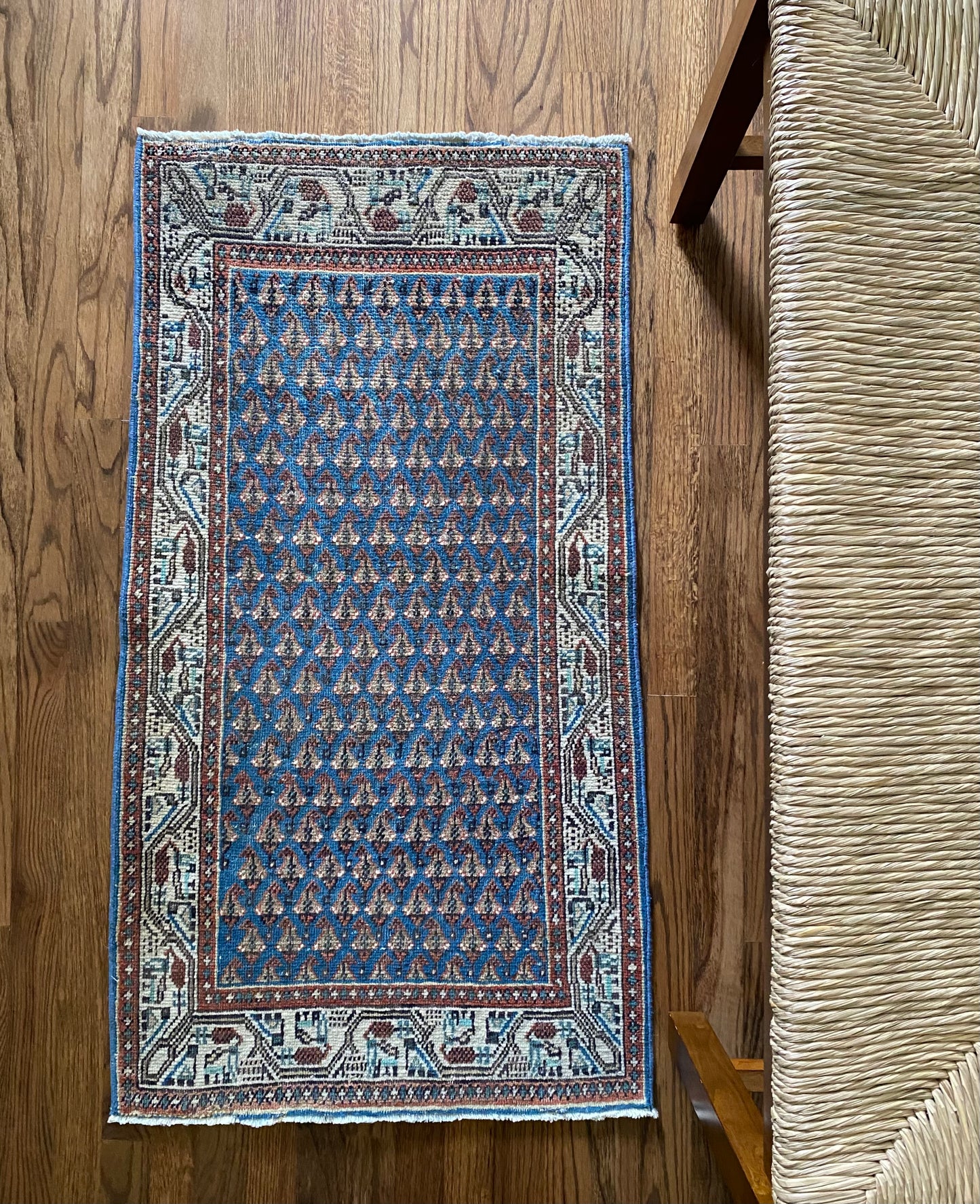 Vintage Persian Wool Rug 2’0.75"x3’9" – Hand-Knotted Blue Boteh Scatter Rug | Molly