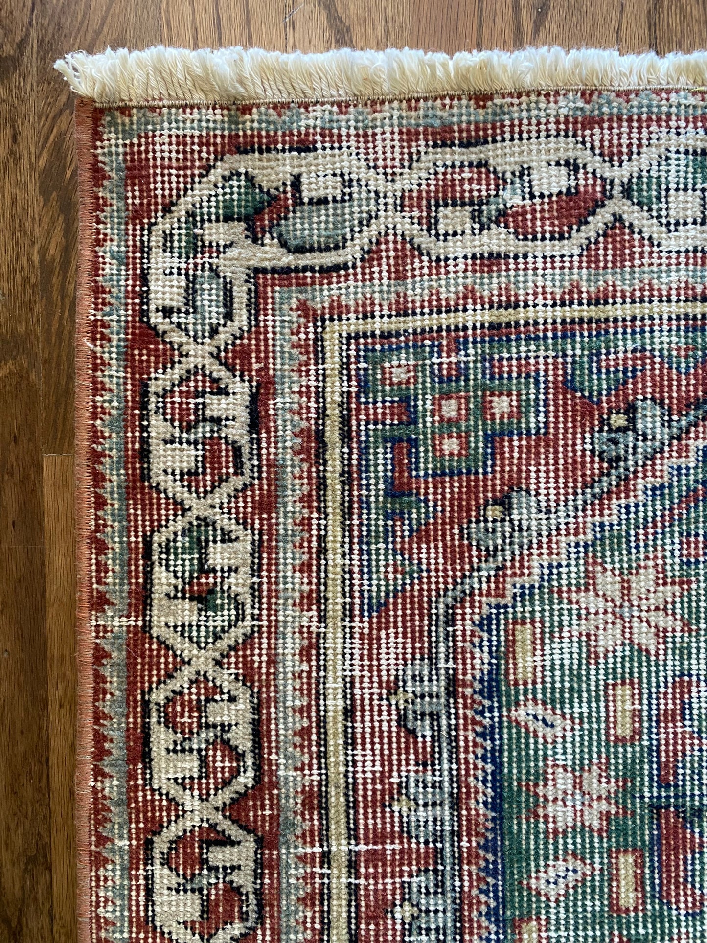 Vintage Turkish Wool Runner 2’6"x11’5" – Hand-Knotted Faded Red & Green Geometric Runner | Georgia