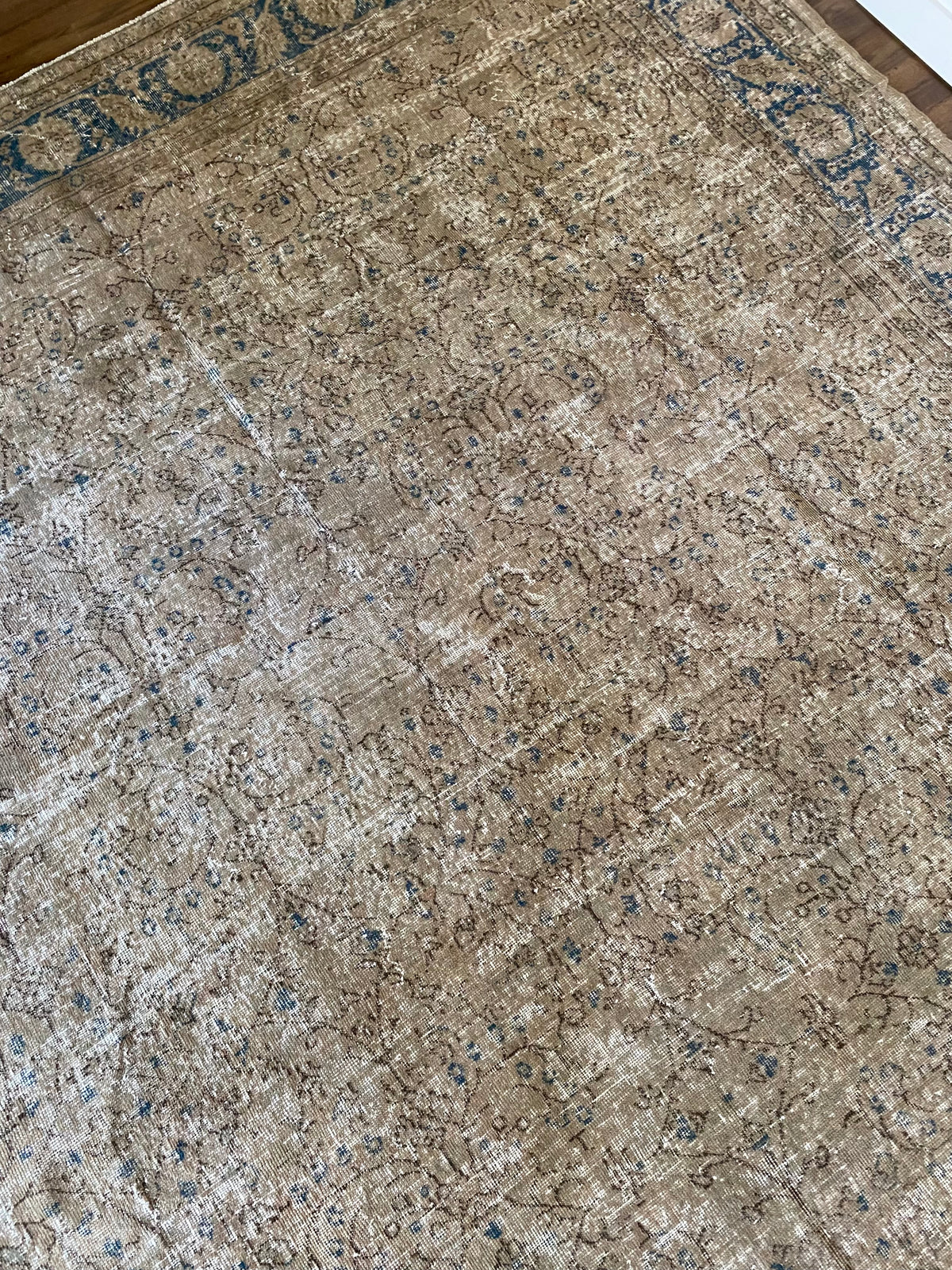 Vintage Turkish Wool Area Rug 9’7”x13’– Hand-Knotted Neutral and Blue Rug | Penny