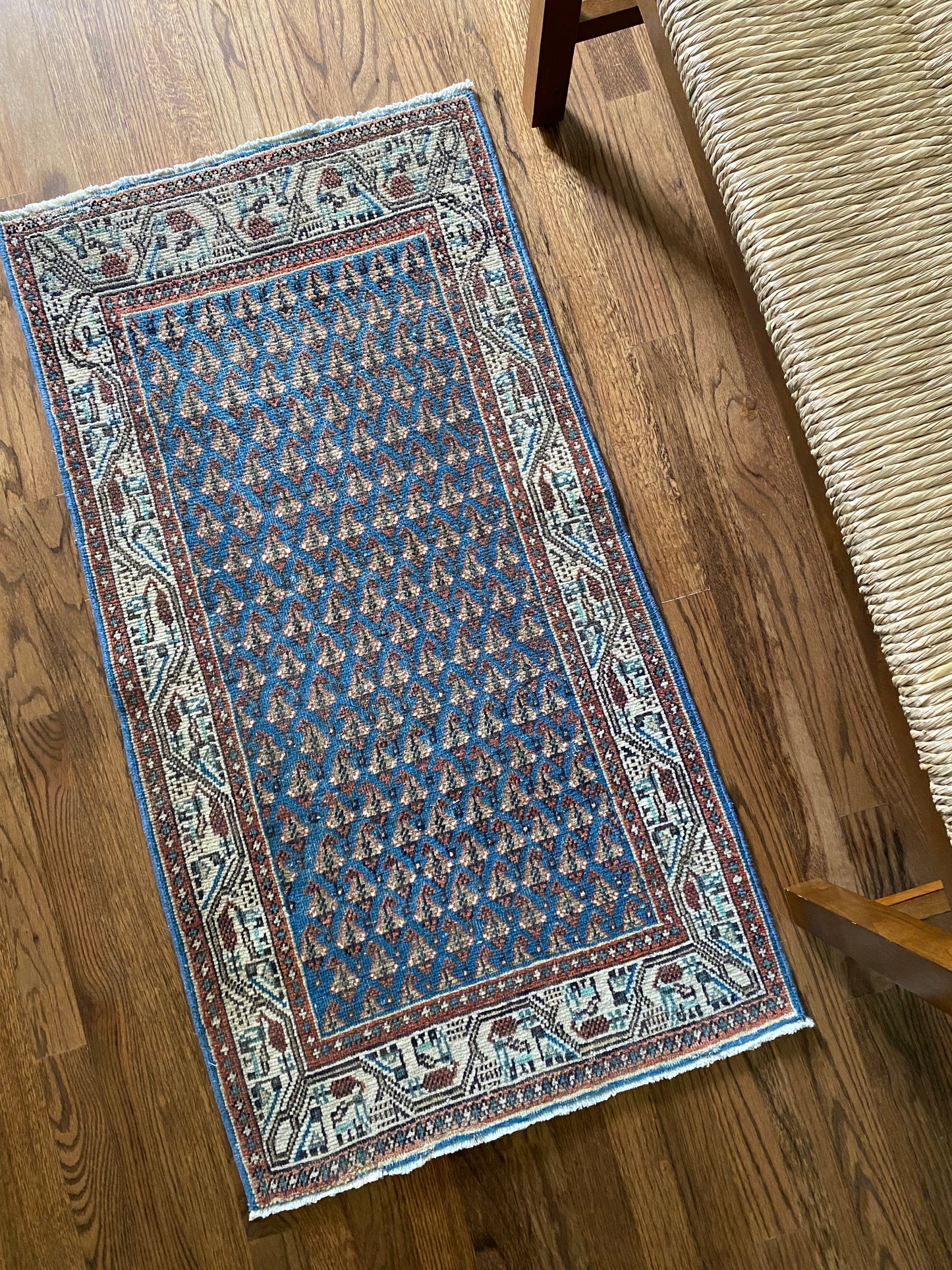 Vintage Persian Wool Rug 2’0.75"x3’9" – Hand-Knotted Blue Boteh Scatter Rug | Molly