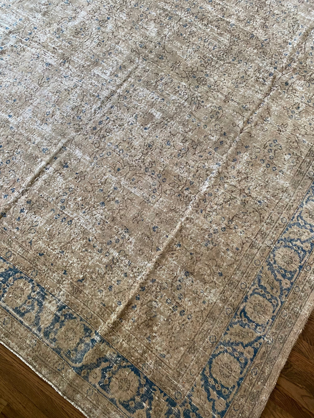 Vintage Turkish Wool Area Rug 9’7”x13’– Hand-Knotted Neutral and Blue Rug | Penny