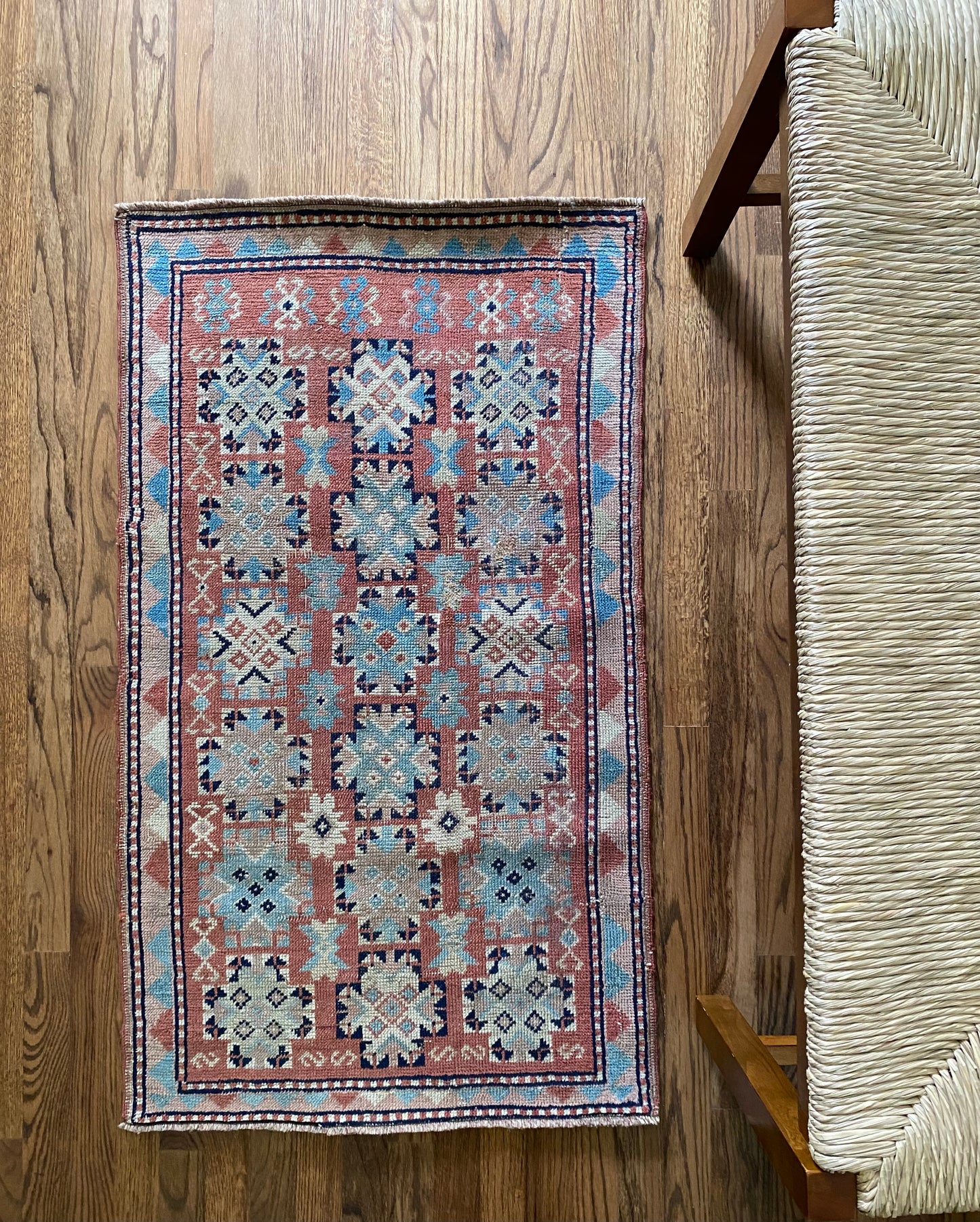 Antique Kazakh Wool Rug 2’2"x3’9" – Hand-Knotted Red Geometric Scatter Rug | Camille