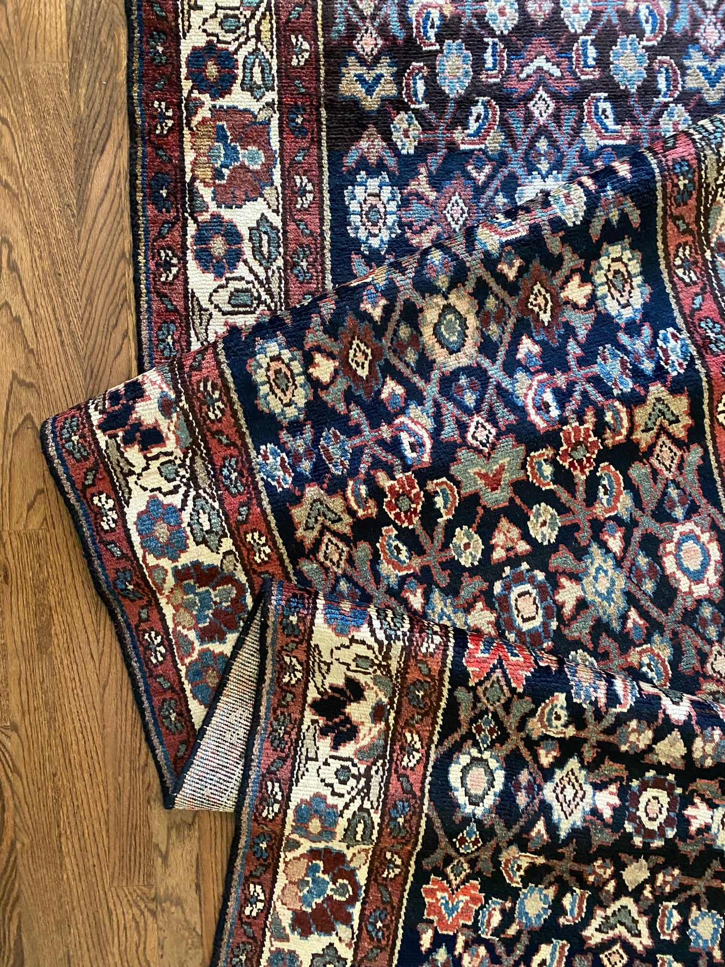 Persian Malayer runner navy wine green wool rug detail