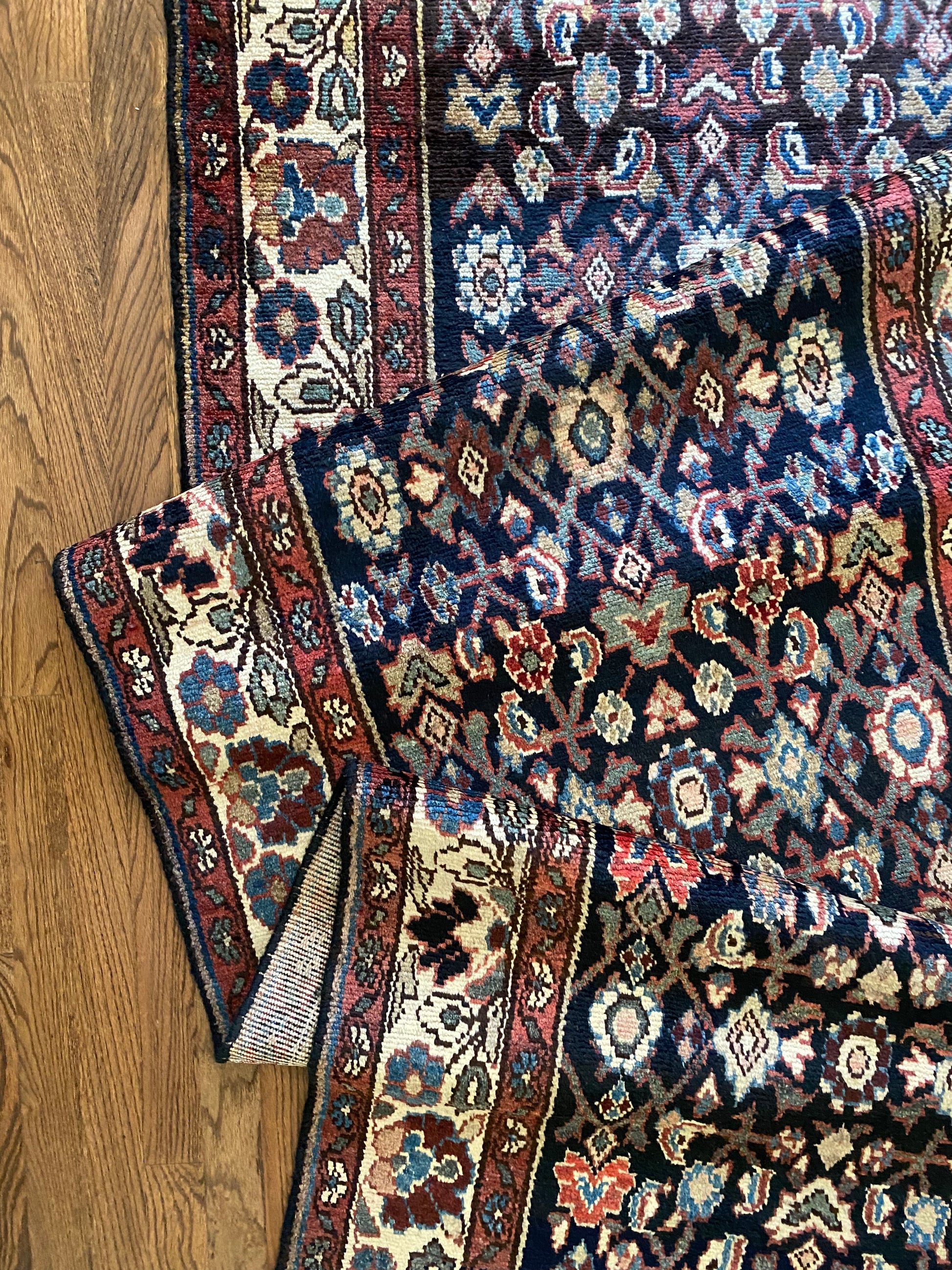 Persian Malayer runner navy wine green wool rug detail