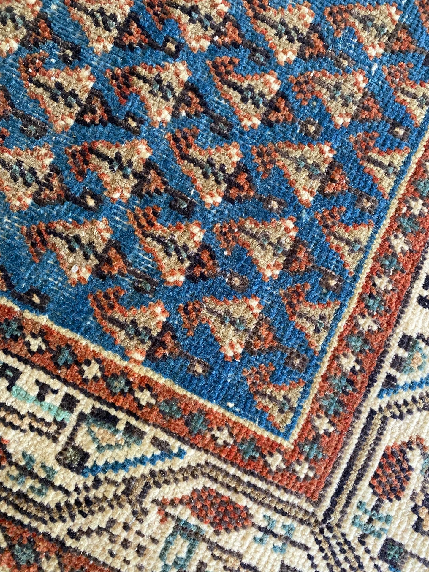 Blue boteh rug small vintage wool rug detail