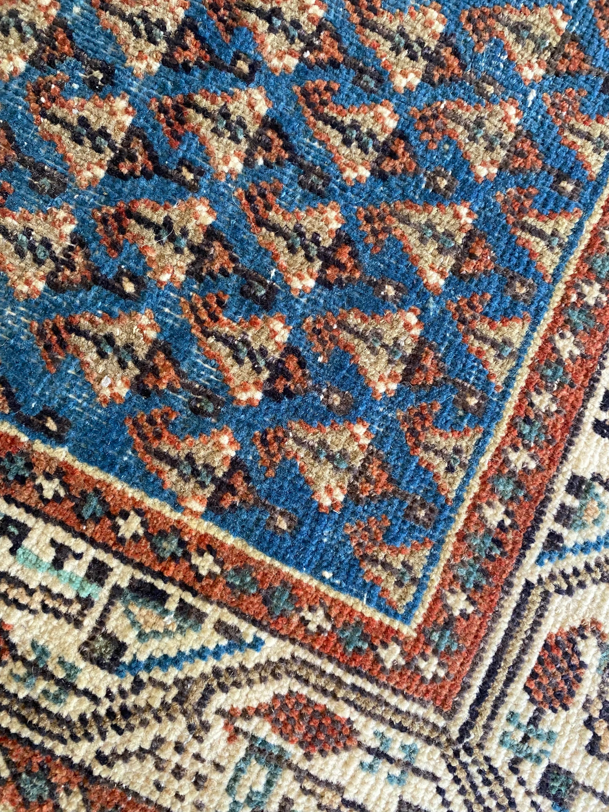 Blue boteh rug small vintage wool rug detail
