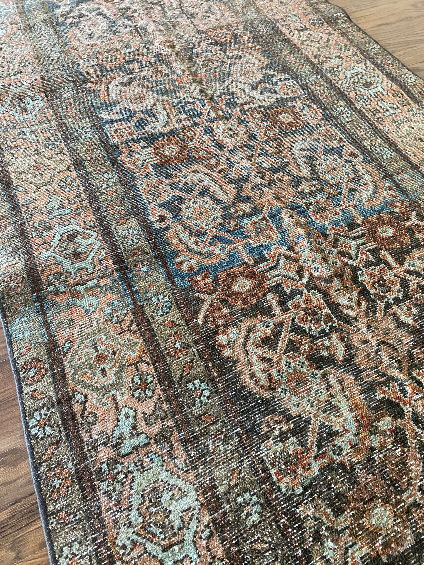Antique runner rug 3x12 muted tones wool detail