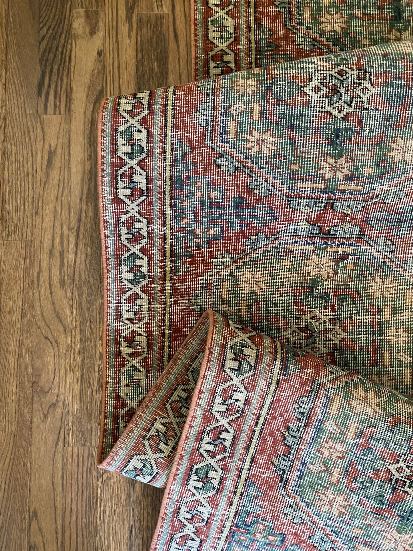 Vintage Turkish Wool Runner 2’6"x11’5" – Hand-Knotted Faded Red & Green Geometric Runner | Georgia
