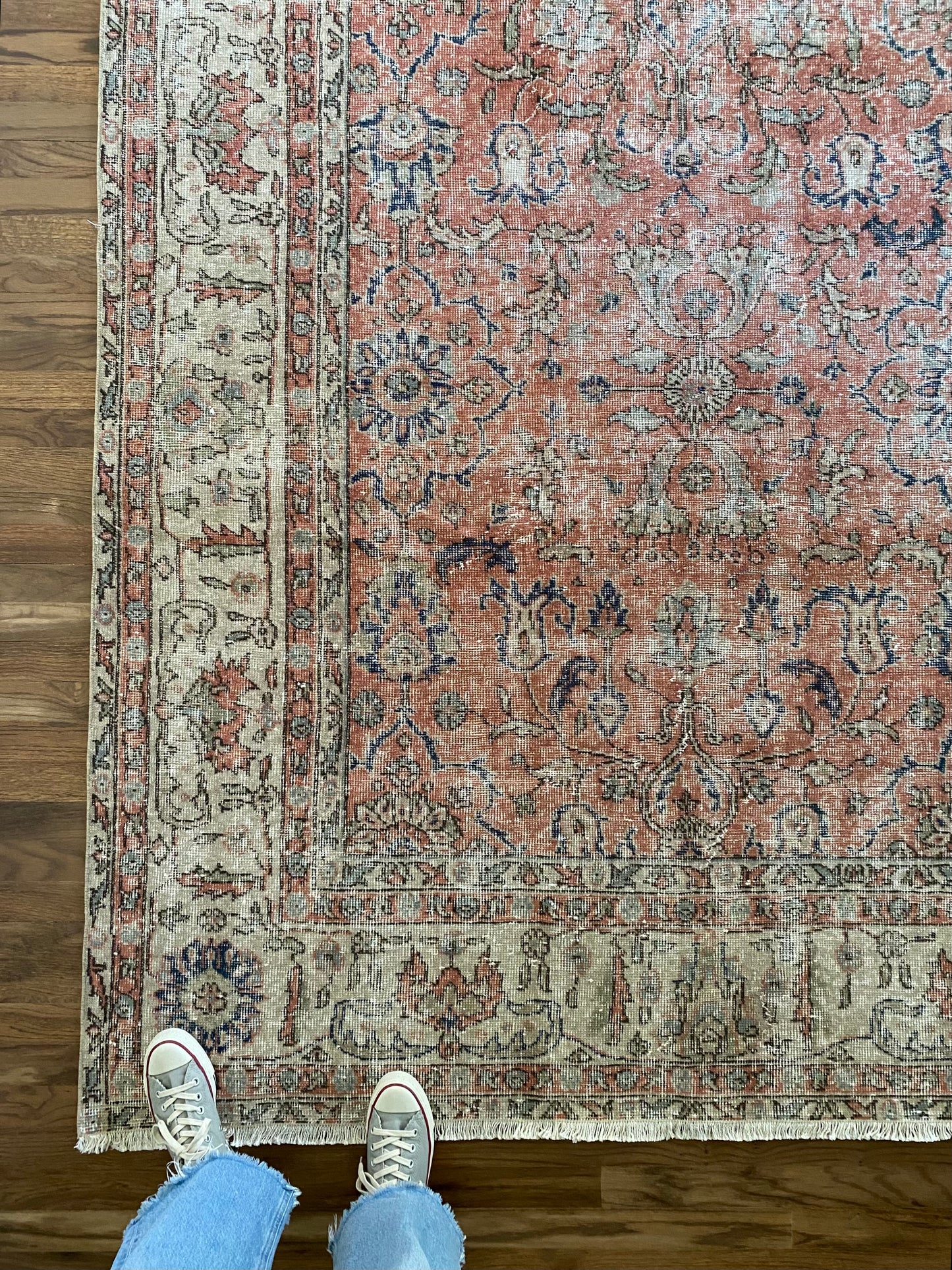 Vintage Turkish Wool Area Rug 8’5”x12’ – Hand-Knotted Salmon Floral Rug | Olivia