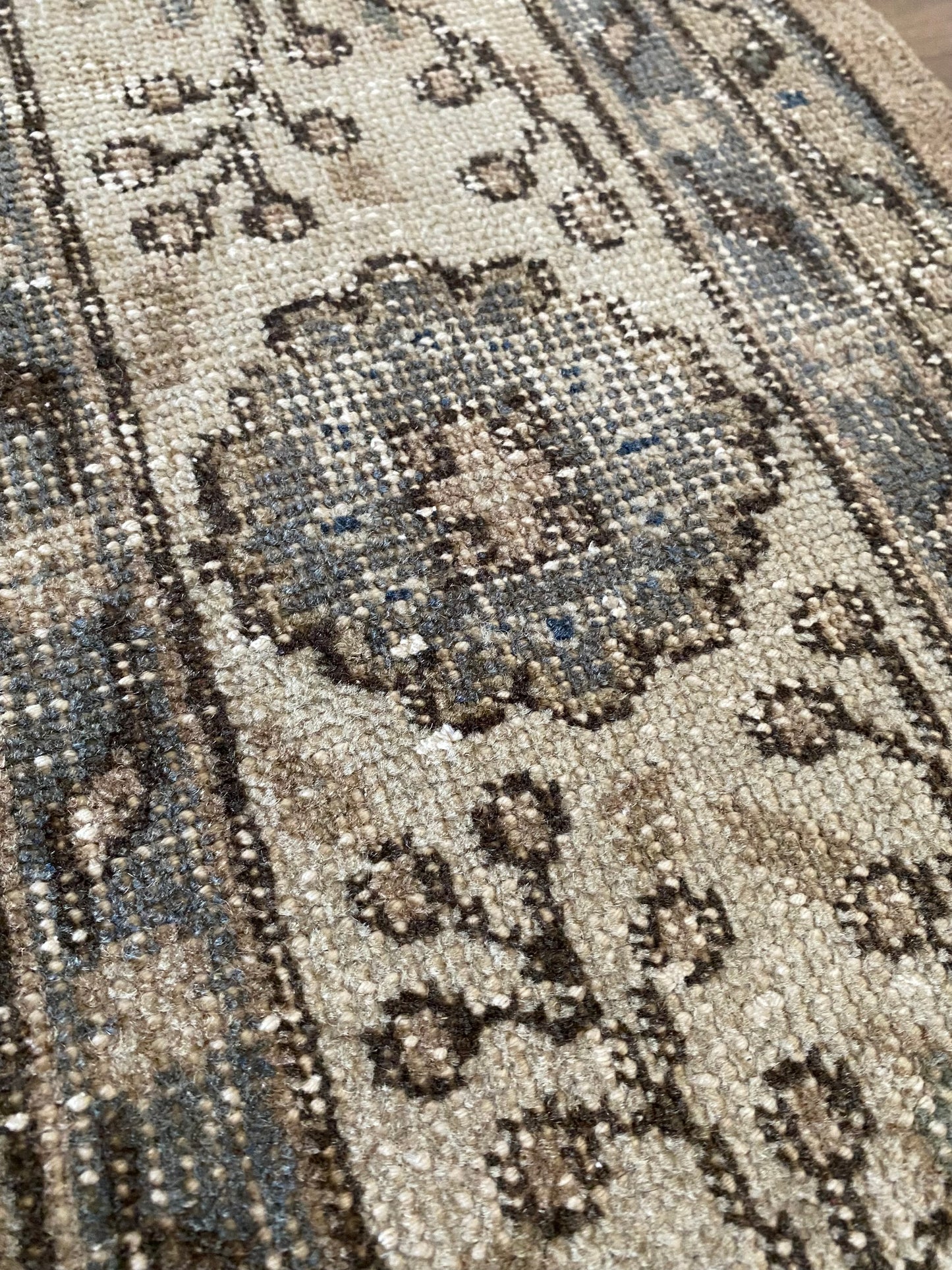 Vintage Turkish Wool Area Rug 7’7’x10’8" – Hand-Knotted Neutral & Blue Floral Rug | Cora