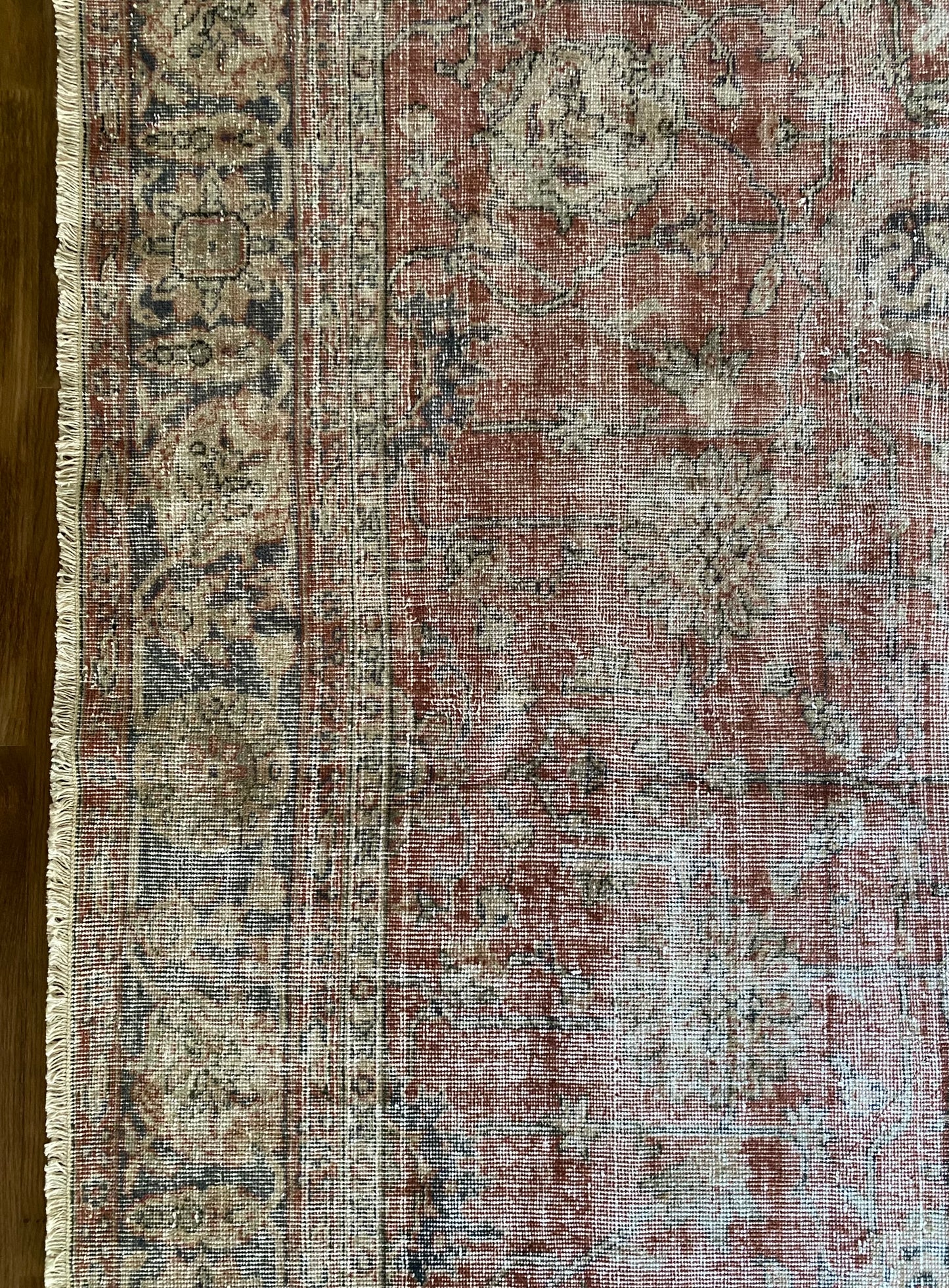 Vintage wool rug 8x10 soft neutral and red tones. 