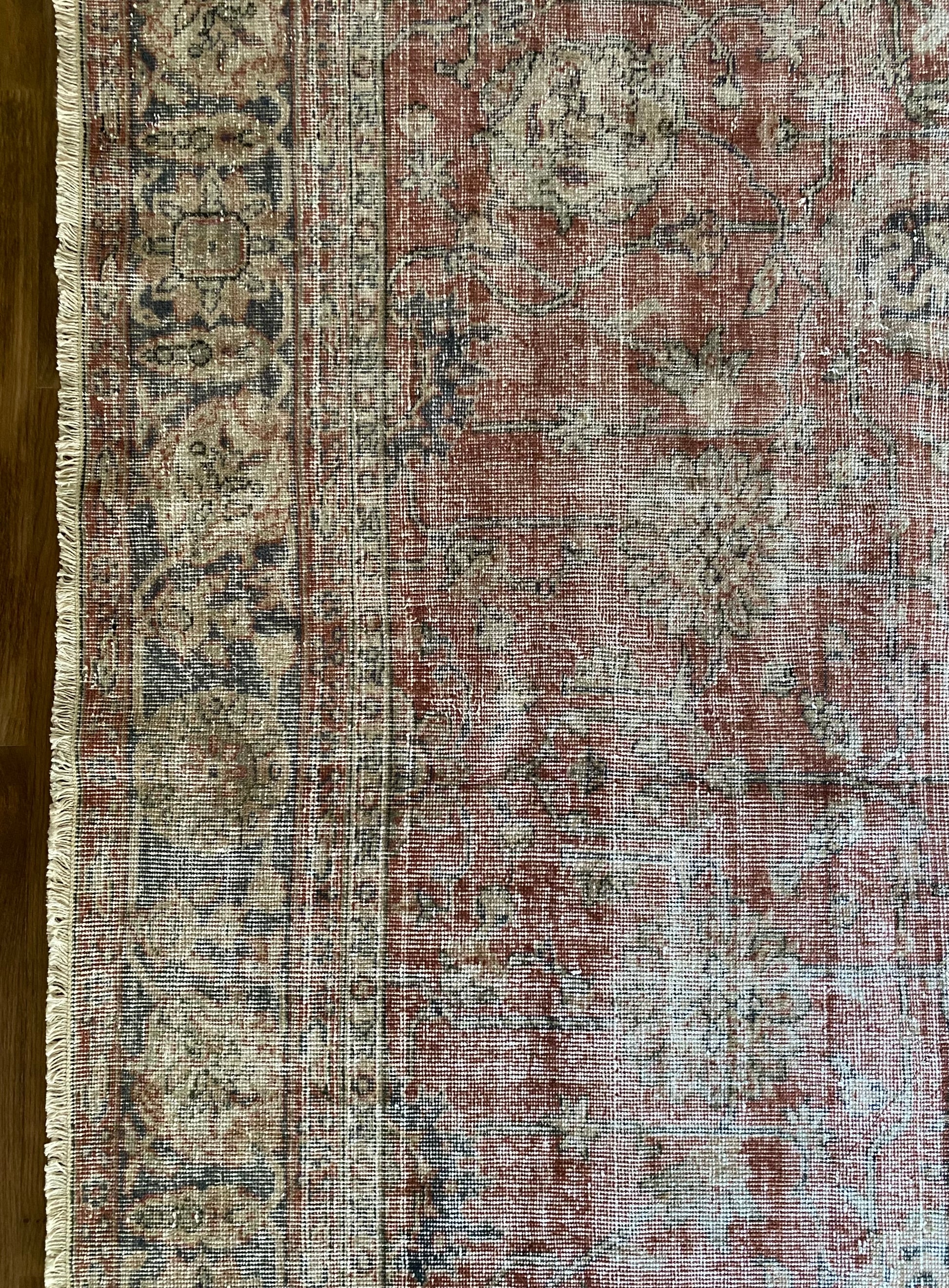 Vintage wool rug 8x10 soft neutral and red tones. 