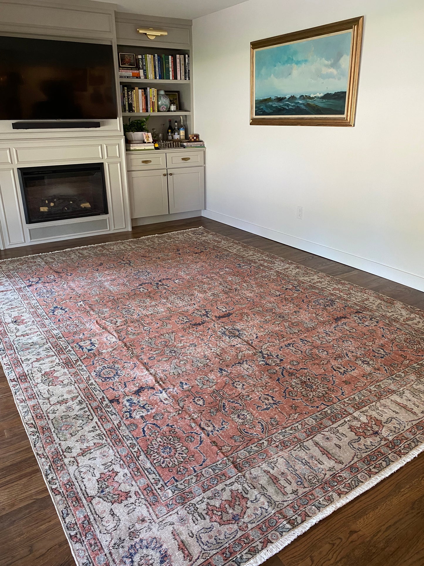 Vintage Turkish Wool Area Rug 8’5”x12’ – Hand-Knotted Salmon Floral Rug | Olivia