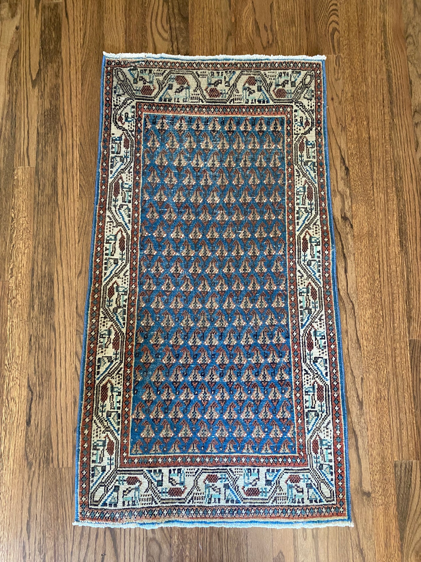 Antique Persian rug 2x4 blue boteh scatter rug full view