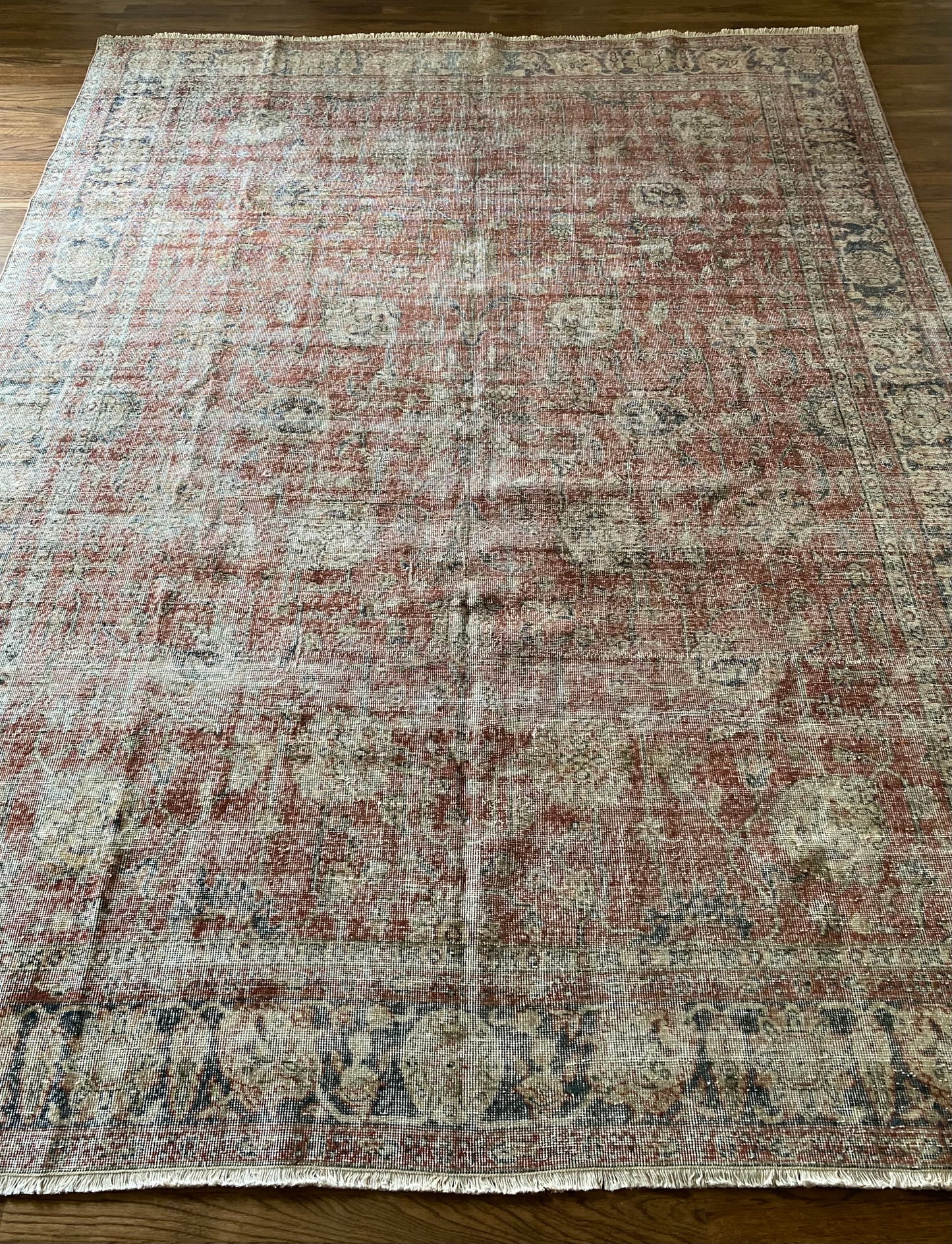 Vintage Turkish wool rug 8x10 muted red floral full view