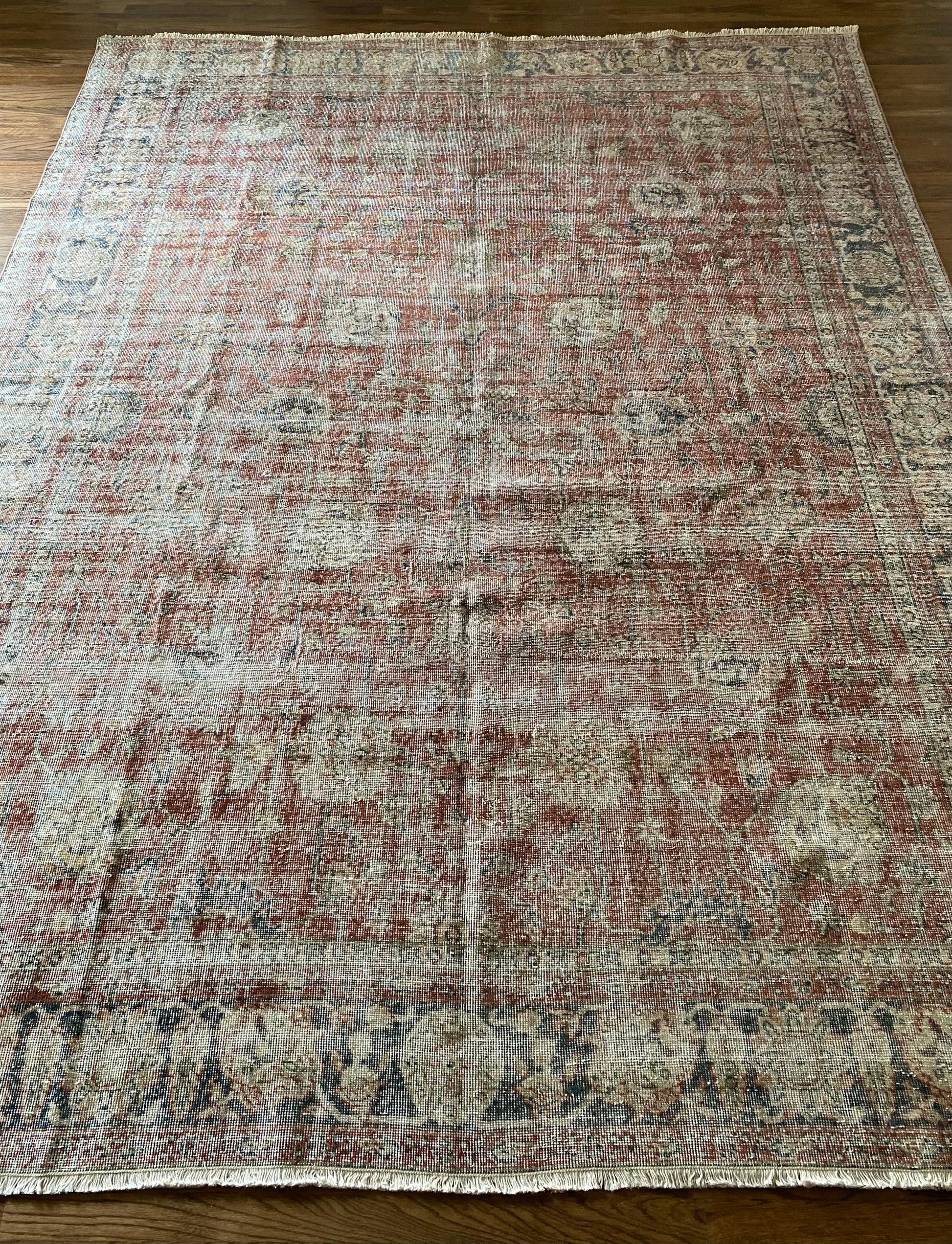 Vintage Turkish wool rug 8x10 muted red floral full view