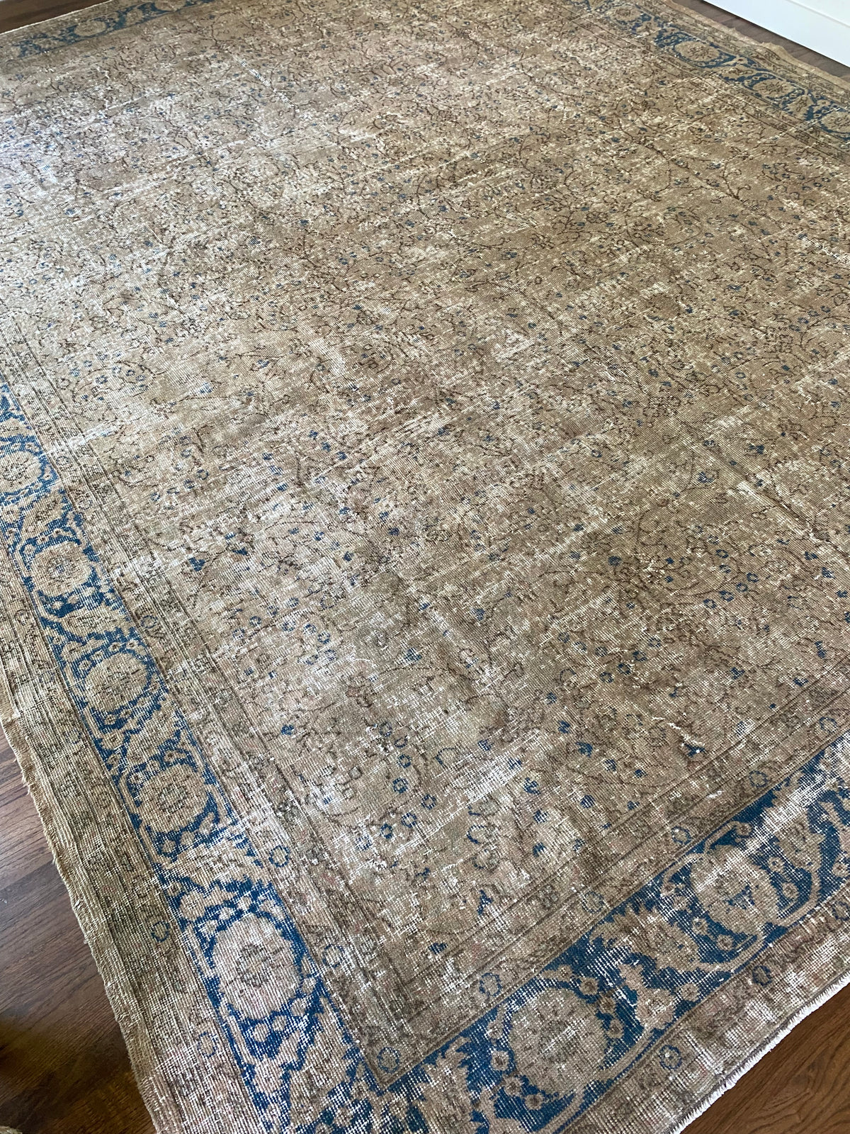 Vintage Turkish Wool Area Rug 9’7”x13’– Hand-Knotted Neutral and Blue Rug | Penny
