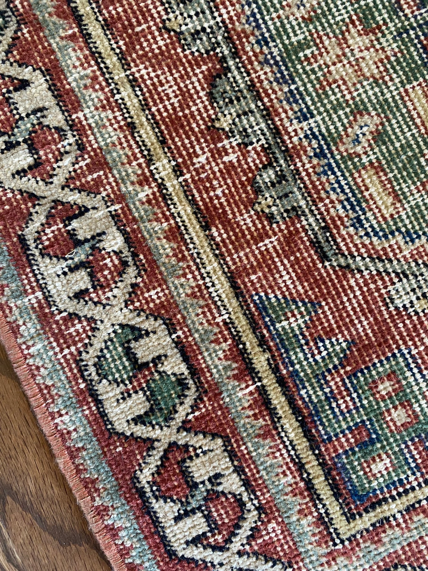 Vintage Turkish Wool Runner 2’6"x11’5" – Hand-Knotted Faded Red & Green Geometric Runner | Georgia