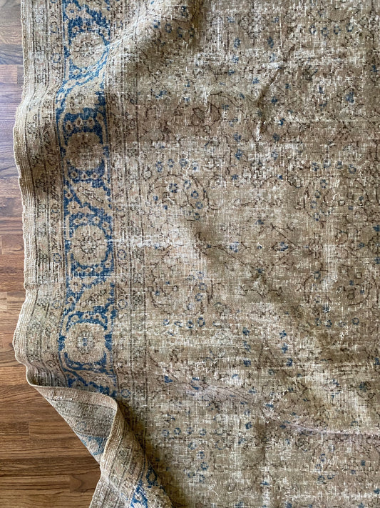 Vintage Turkish Wool Area Rug 9’7”x13’– Hand-Knotted Neutral and Blue Rug | Penny