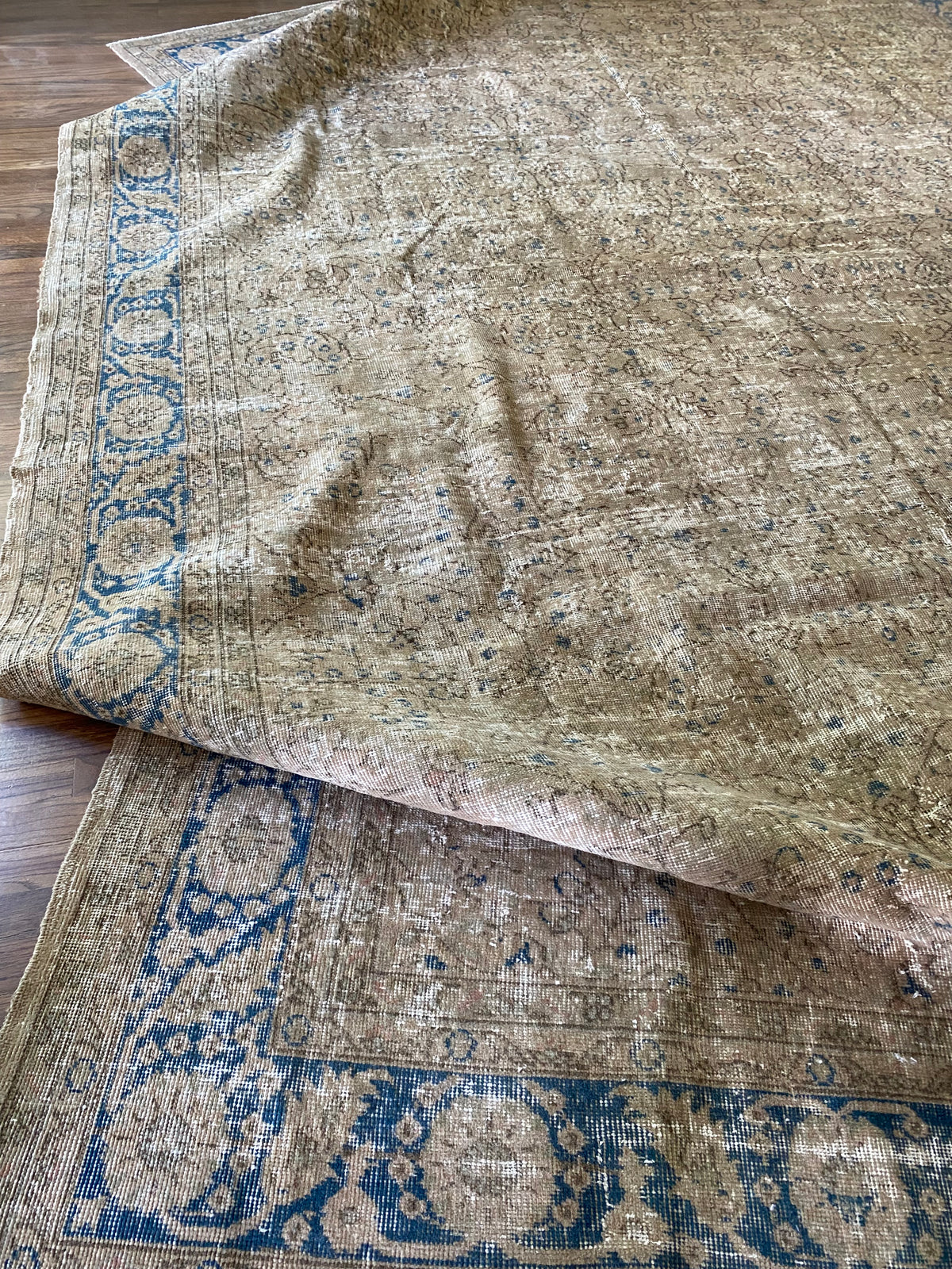 Vintage Turkish Wool Area Rug 9’7”x13’– Hand-Knotted Neutral and Blue Rug | Penny