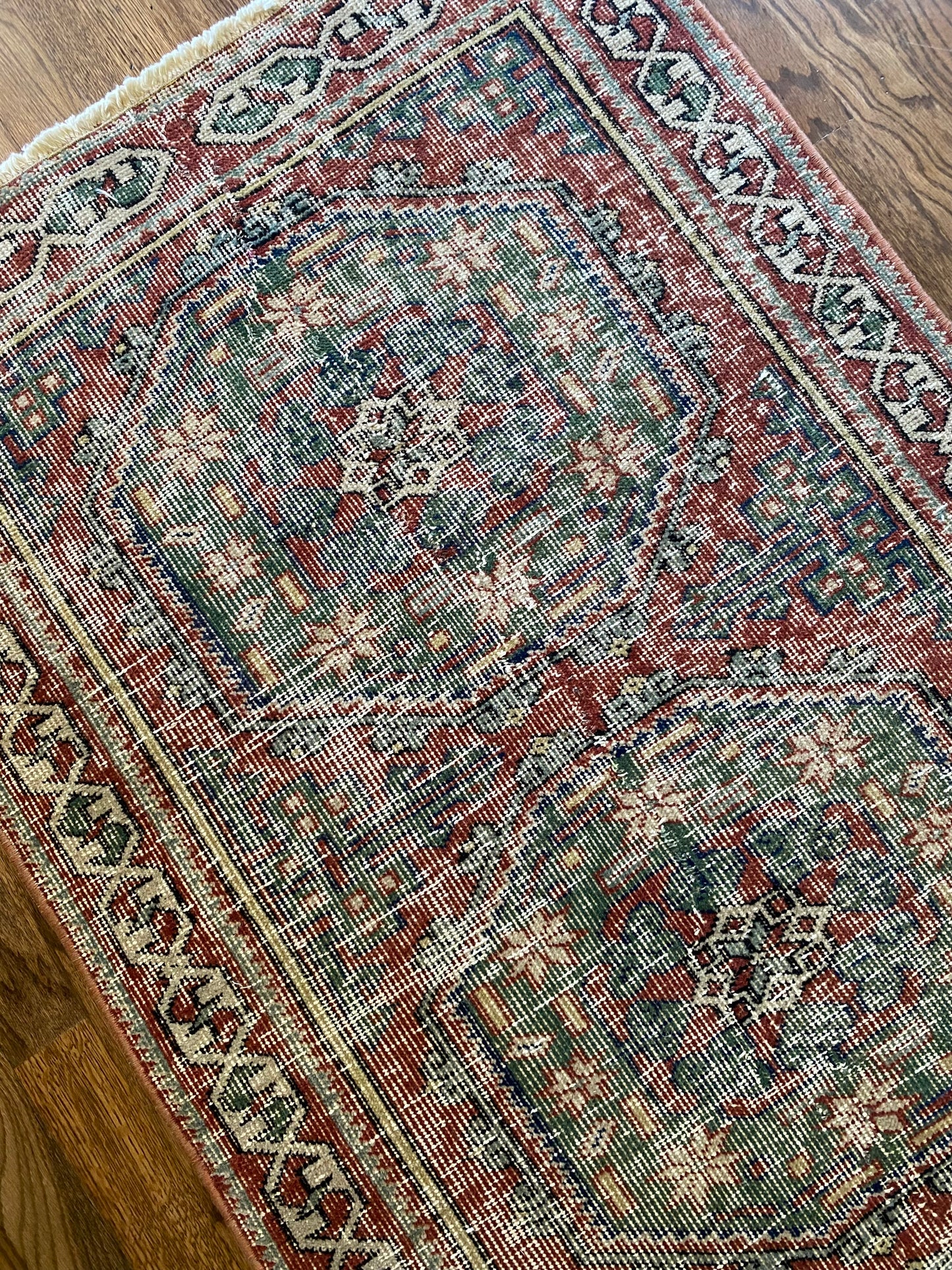 Vintage Turkish Wool Runner 2’6"x11’5" – Hand-Knotted Faded Red & Green Geometric Runner | Georgia