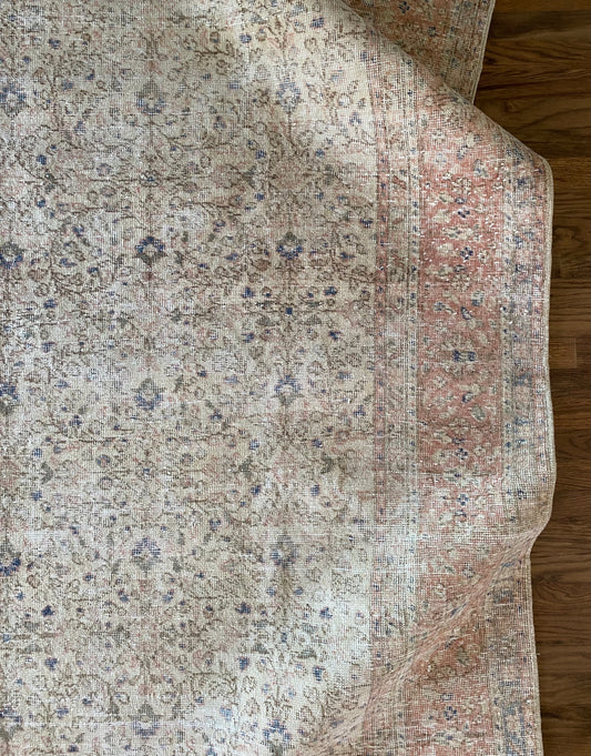 Vintage Turkish Wool Area Rug 6’10”x9’11” – Hand-Knotted Neutral, Blue & Coral Allover Pattern Rug | Corin