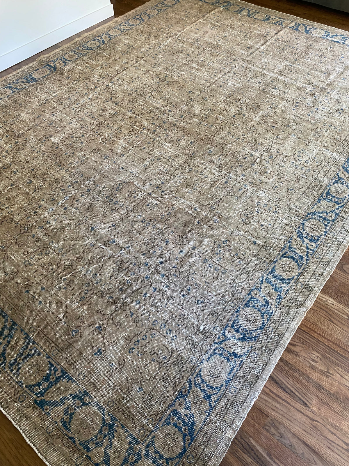 Vintage Turkish Wool Area Rug 9’7”x13’– Hand-Knotted Neutral and Blue Rug | Penny