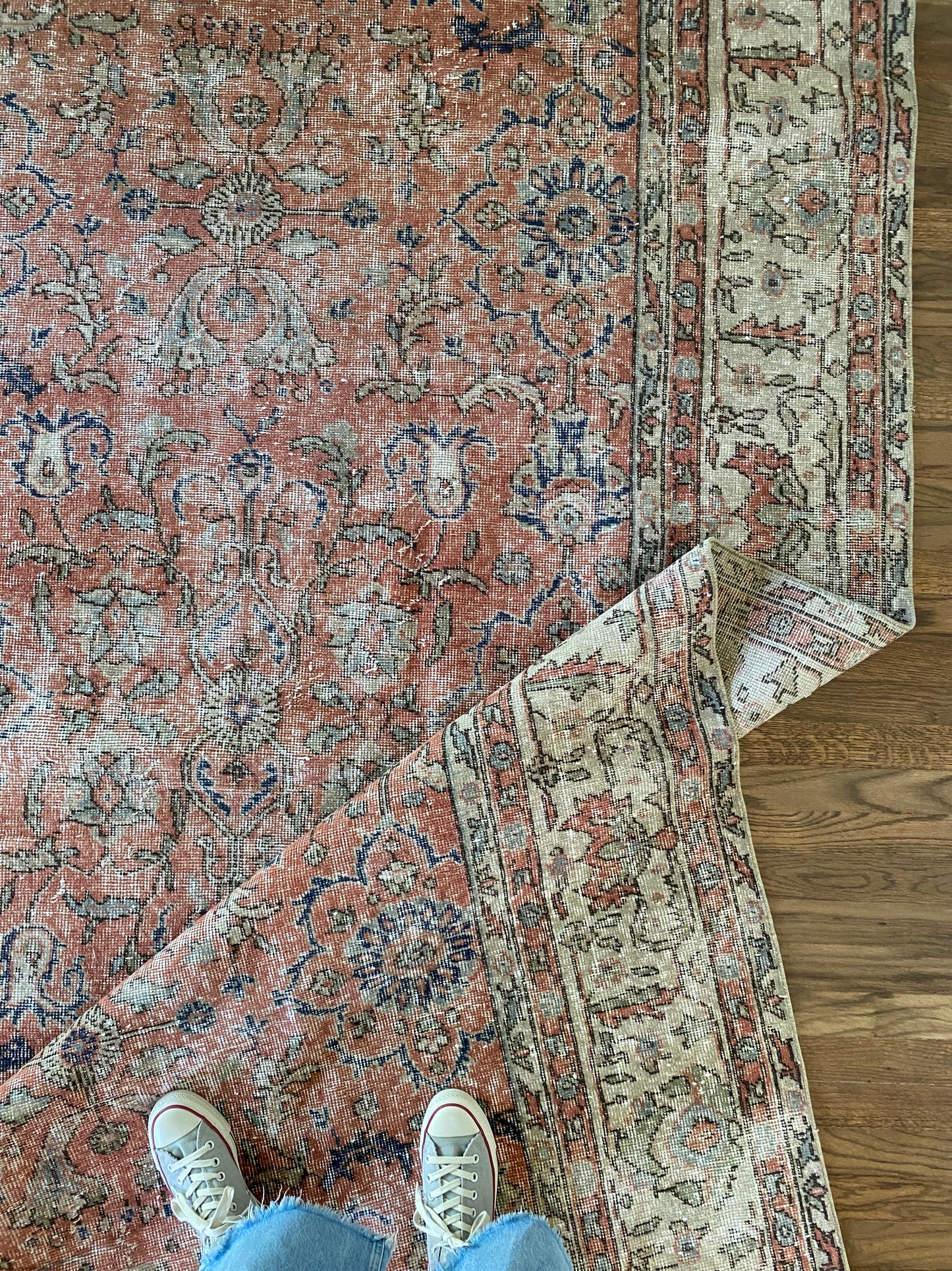 Vintage Turkish Wool Area Rug 8’5”x12’ – Hand-Knotted Salmon Floral Rug | Olivia