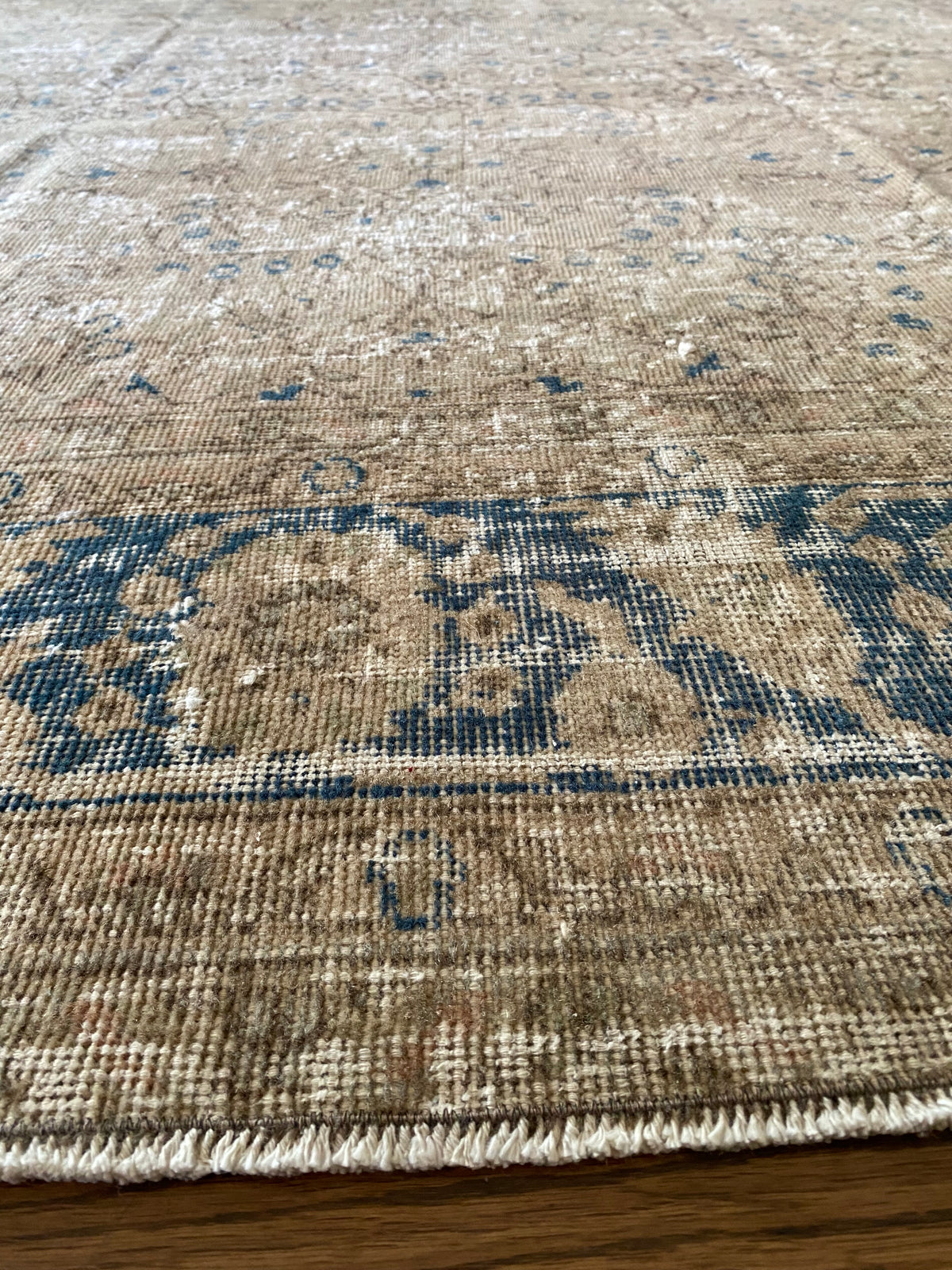 Vintage Turkish Wool Area Rug 9’7”x13’– Hand-Knotted Neutral and Blue Rug | Penny