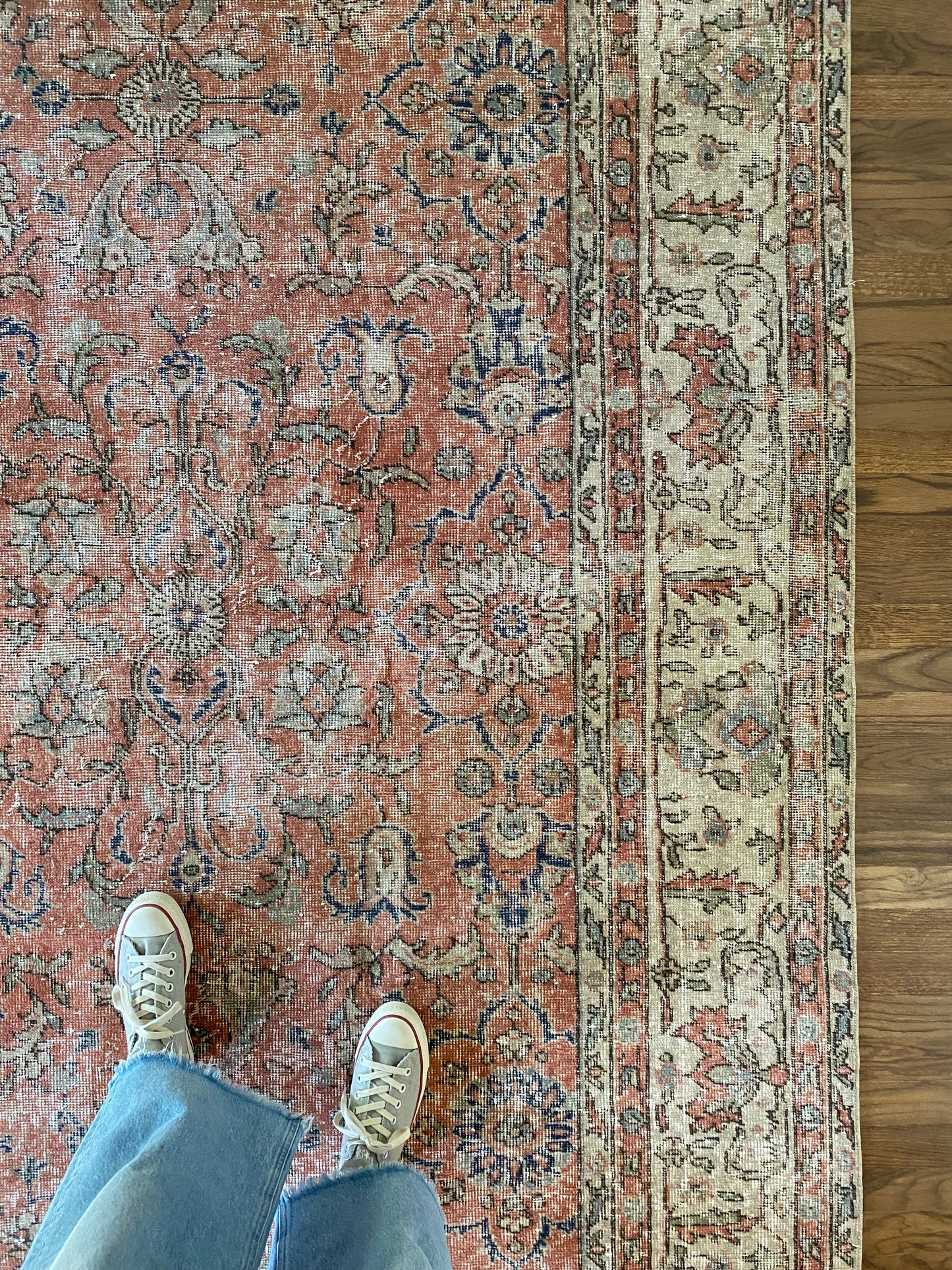 Vintage Turkish Wool Area Rug 8’5”x12’ – Hand-Knotted Salmon Floral Rug | Olivia