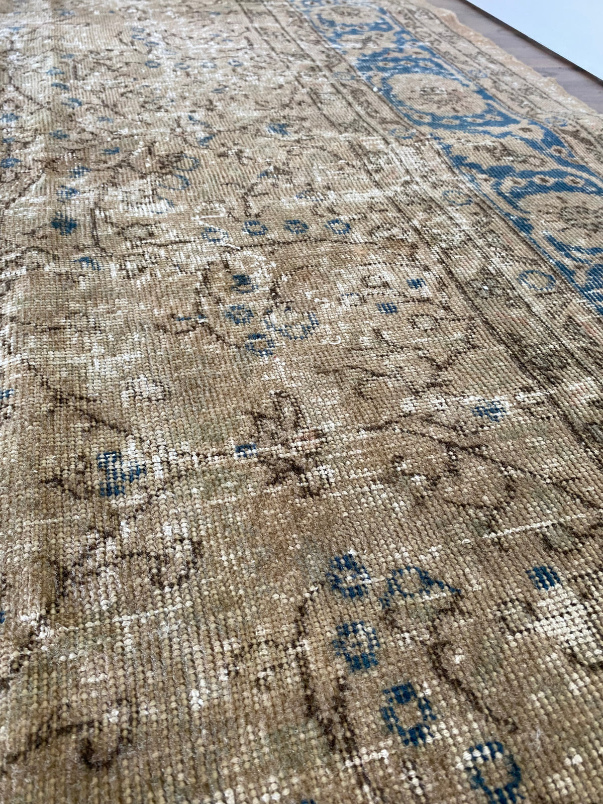Vintage Turkish Wool Area Rug 9’7”x13’– Hand-Knotted Neutral and Blue Rug | Penny