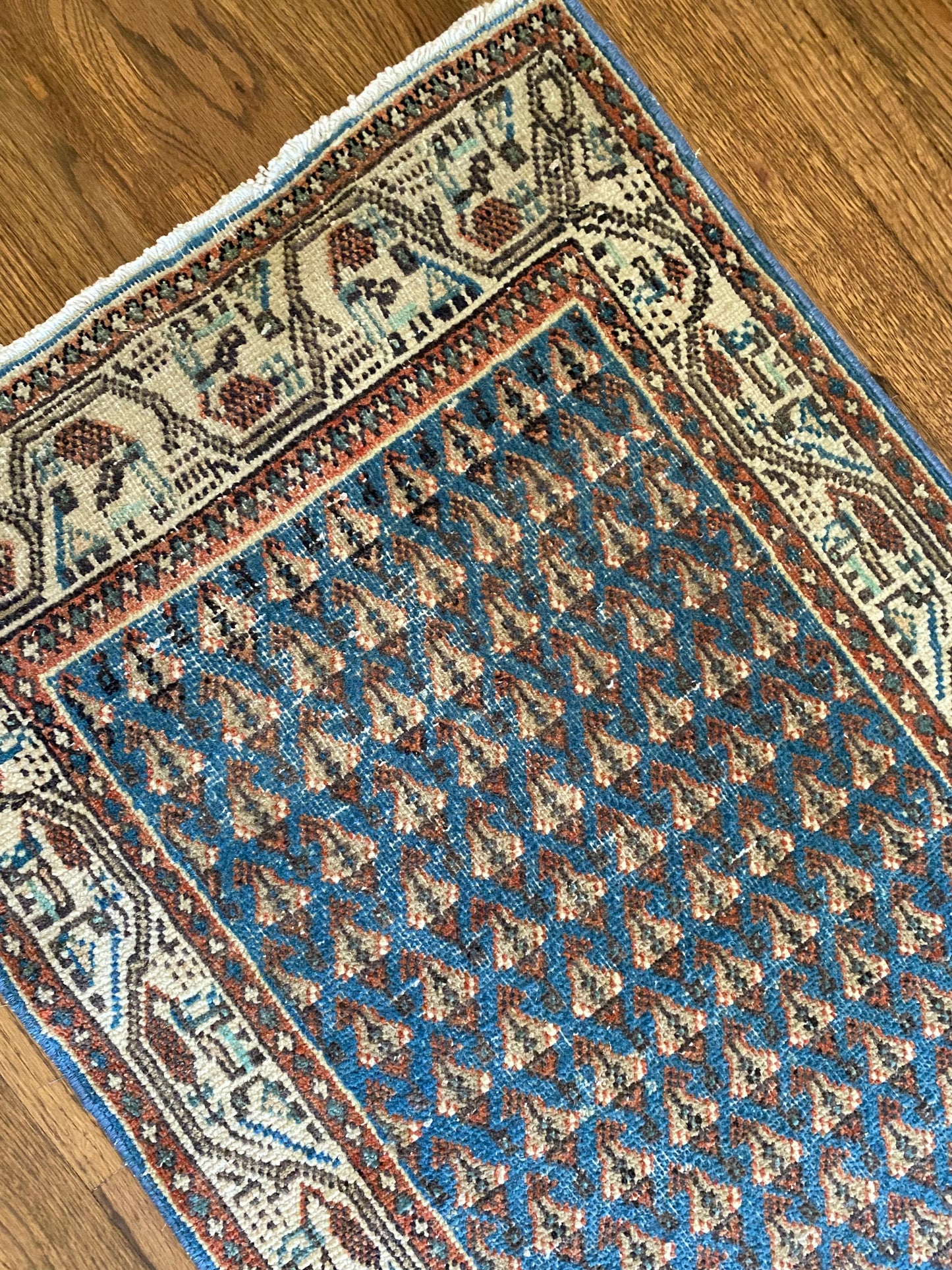 Vintage Persian Wool Rug 2’0.75"x3’9" – Hand-Knotted Blue Boteh Scatter Rug | Molly