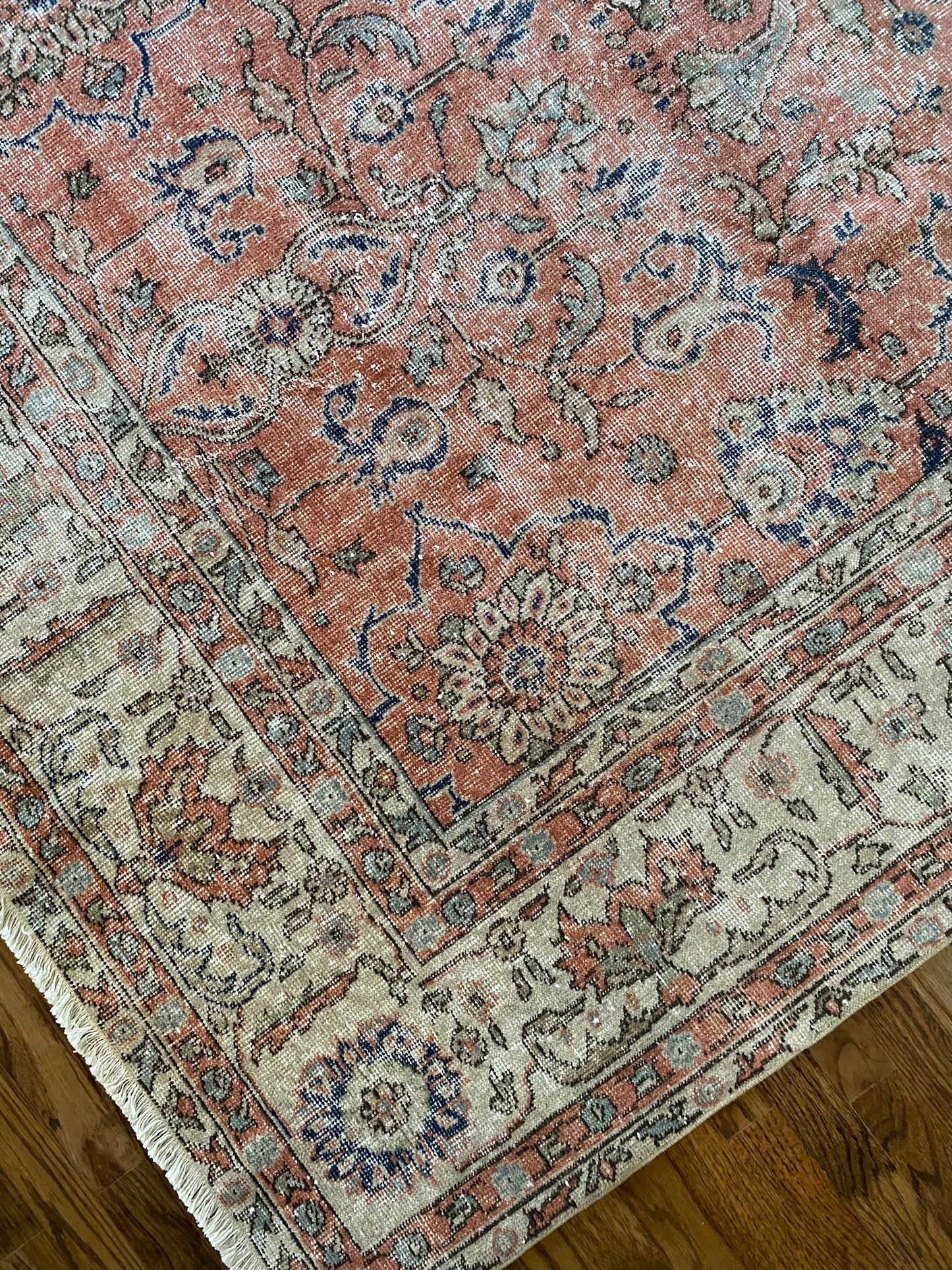 Vintage Turkish Wool Area Rug 8’5”x12’ – Hand-Knotted Salmon Floral Rug | Olivia