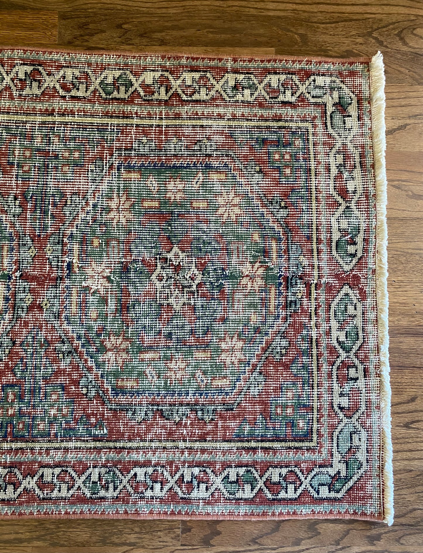 Vintage Turkish Wool Runner 2’6"x11’5" – Hand-Knotted Faded Red & Green Geometric Runner | Georgia