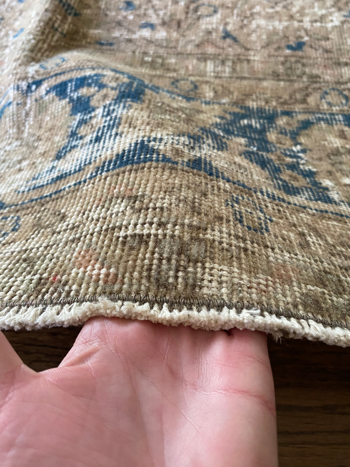 Vintage Turkish Wool Area Rug 9’7”x13’– Hand-Knotted Neutral and Blue Rug | Penny