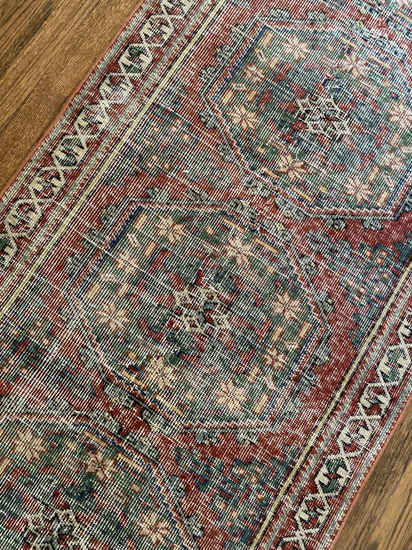 Vintage Turkish Wool Runner 2’6"x11’5" – Hand-Knotted Faded Red & Green Geometric Runner | Georgia
