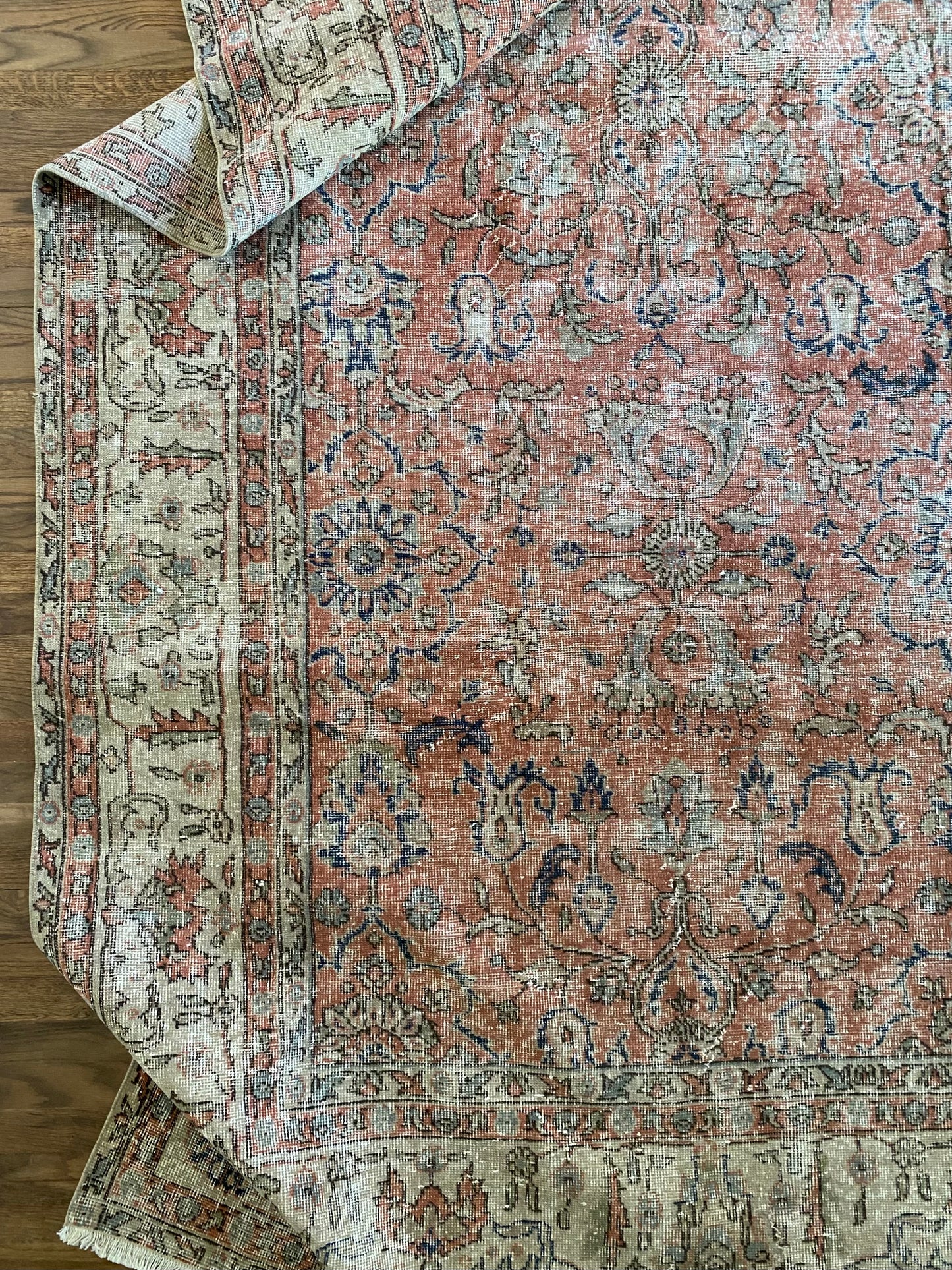 Vintage Turkish Wool Area Rug 8’5”x12’ – Hand-Knotted Salmon Floral Rug | Olivia