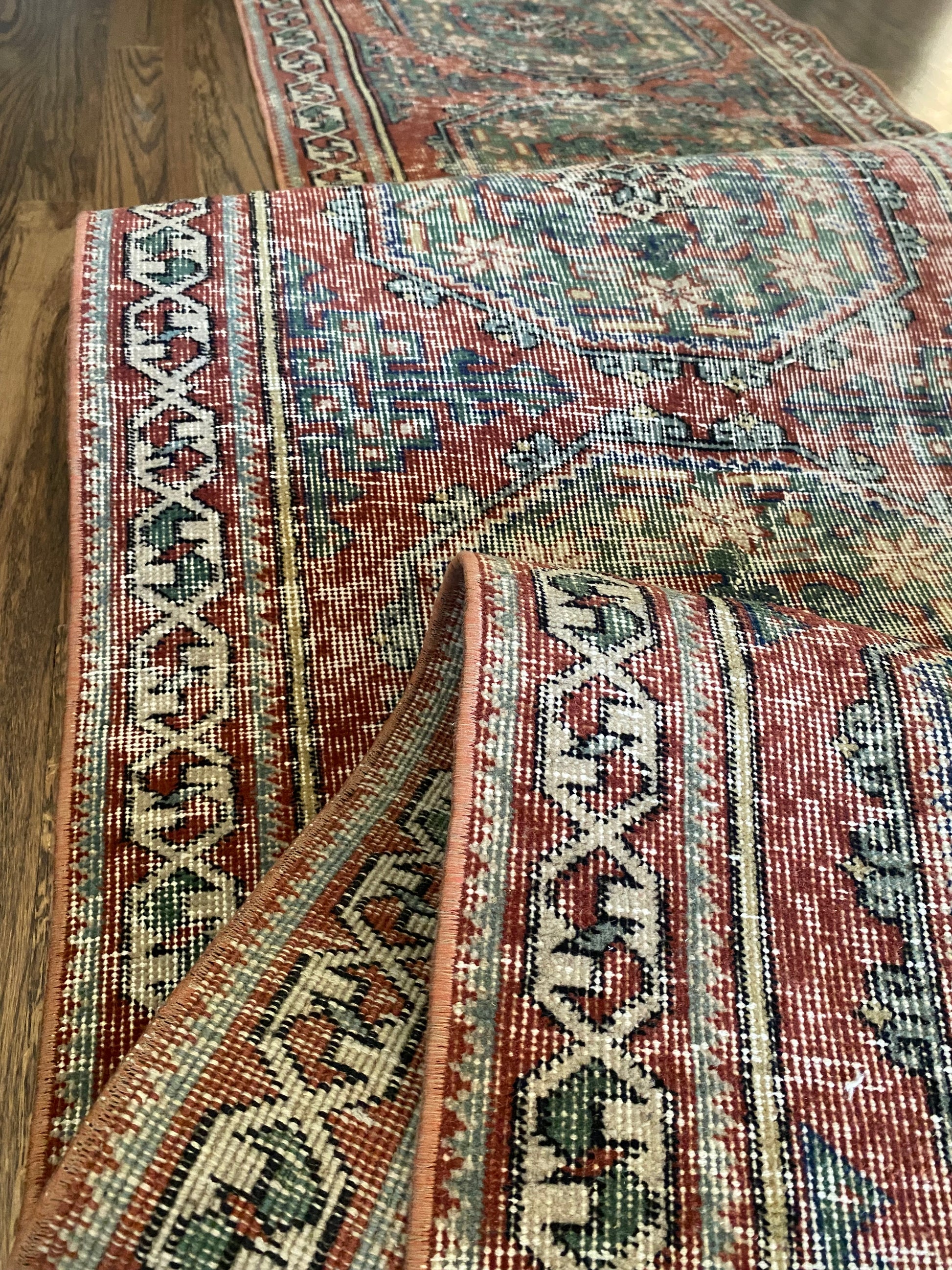 Red and green vintage runner rug 2x11 wool detail