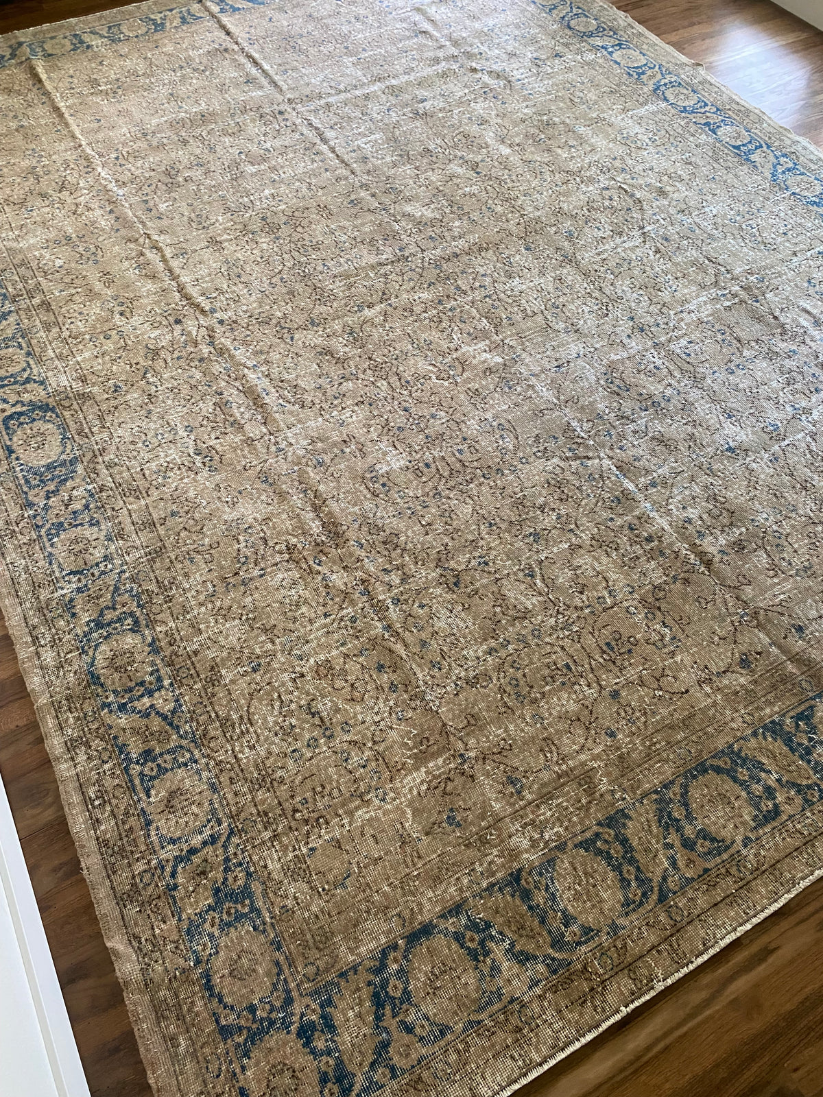 Vintage Turkish Wool Area Rug 9’7”x13’– Hand-Knotted Neutral and Blue Rug | Penny