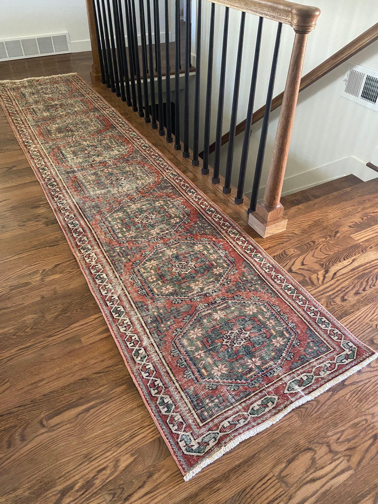 Vintage Turkish Wool Runner 2’6"x11’5" – Hand-Knotted Faded Red & Green Geometric Runner | Georgia