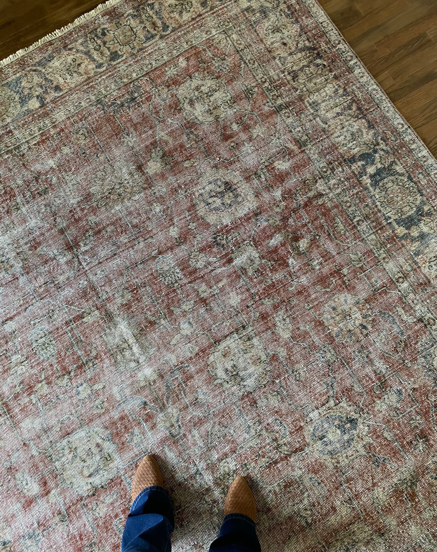 Vintage Turkish Wool Area Rug 8’x10’6" – Hand-Knotted Muted Red Floral Rug | Valerie