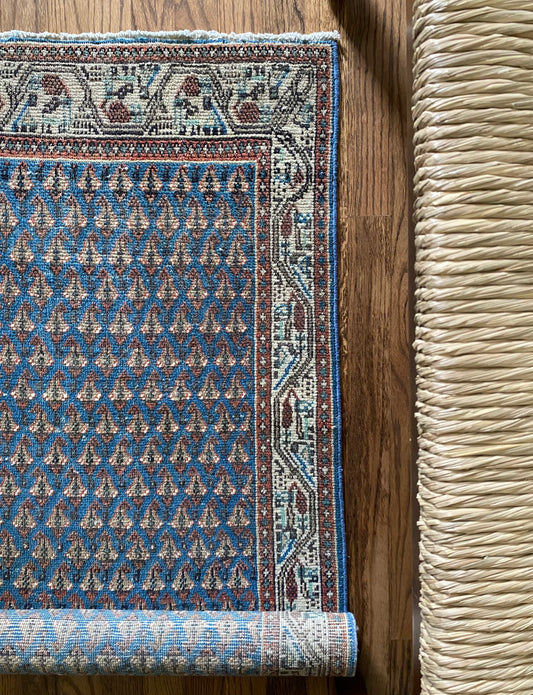 Vintage Persian Wool Rug 2’0.75"x3’9" – Hand-Knotted Blue Boteh Scatter Rug | Molly